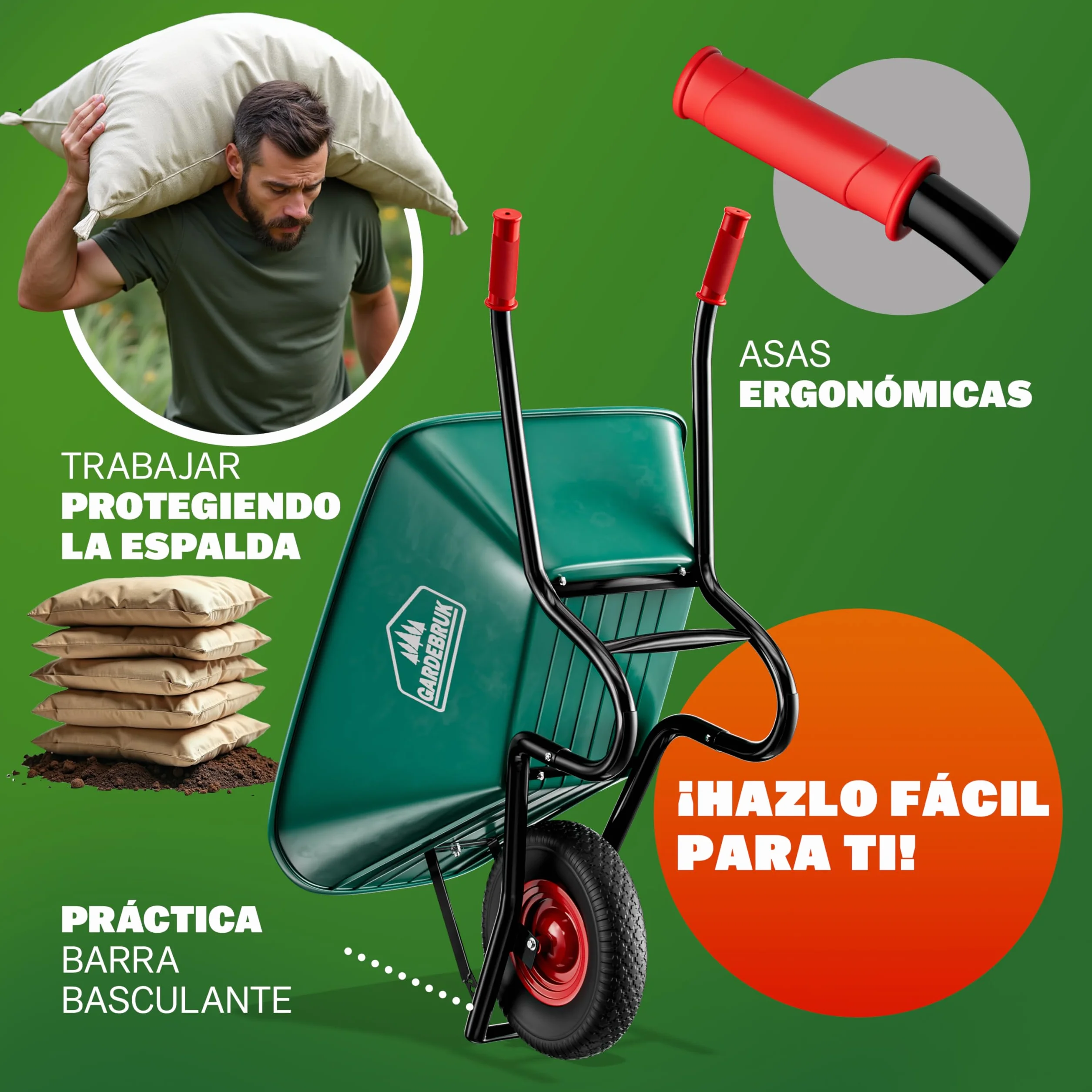 GARDEBRUK® Carretilla de Jardín 100L 250KG Llanta Acero Resistente Todoterreno