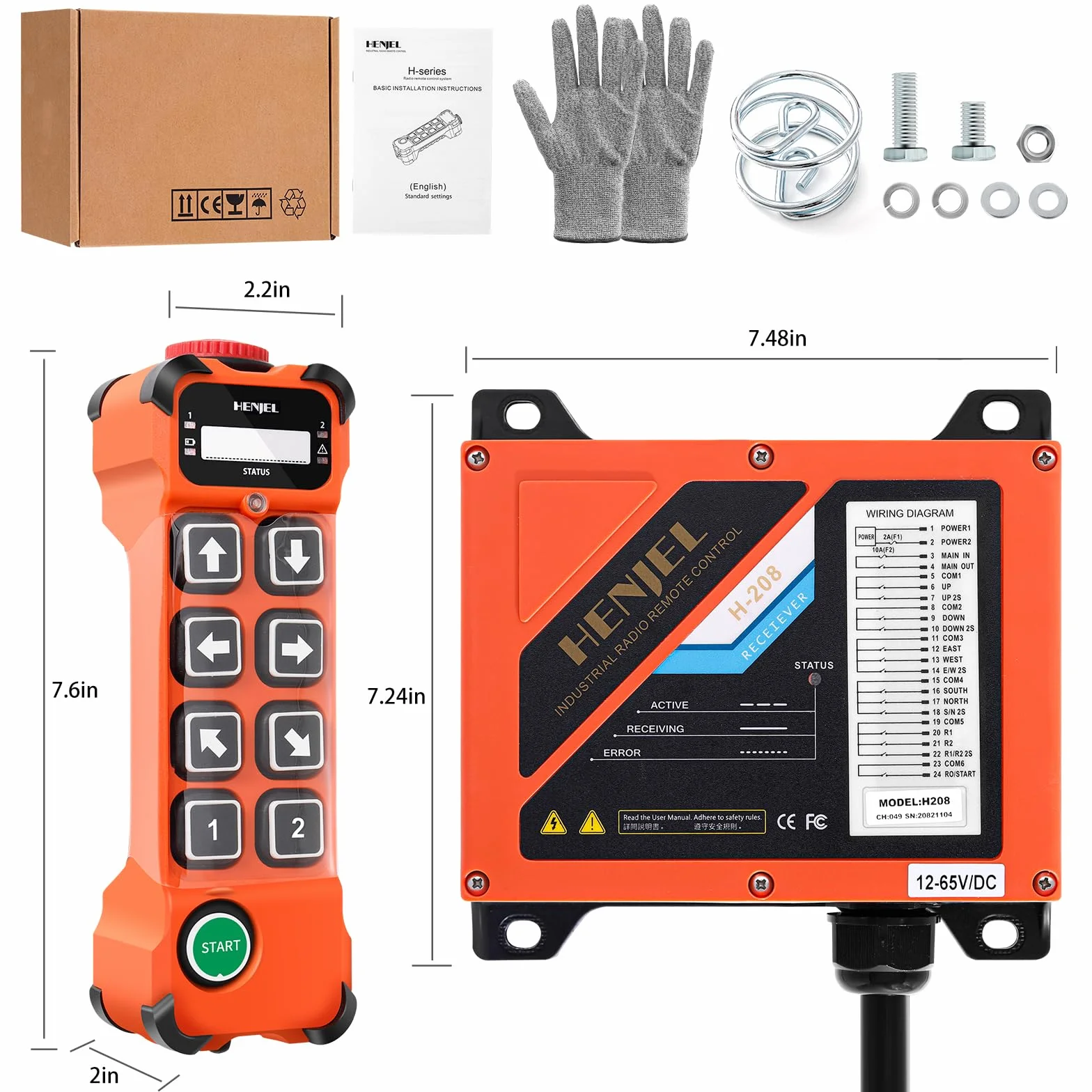 Mando a distancia inalámbrico para grúa industrial de 2 Doble Velocidad 8 botones 24V 48V 220V para polipasto eléctrico de cadena Puente grúa móvil Camión volquete 2 Transmisores y receptor 24-264V