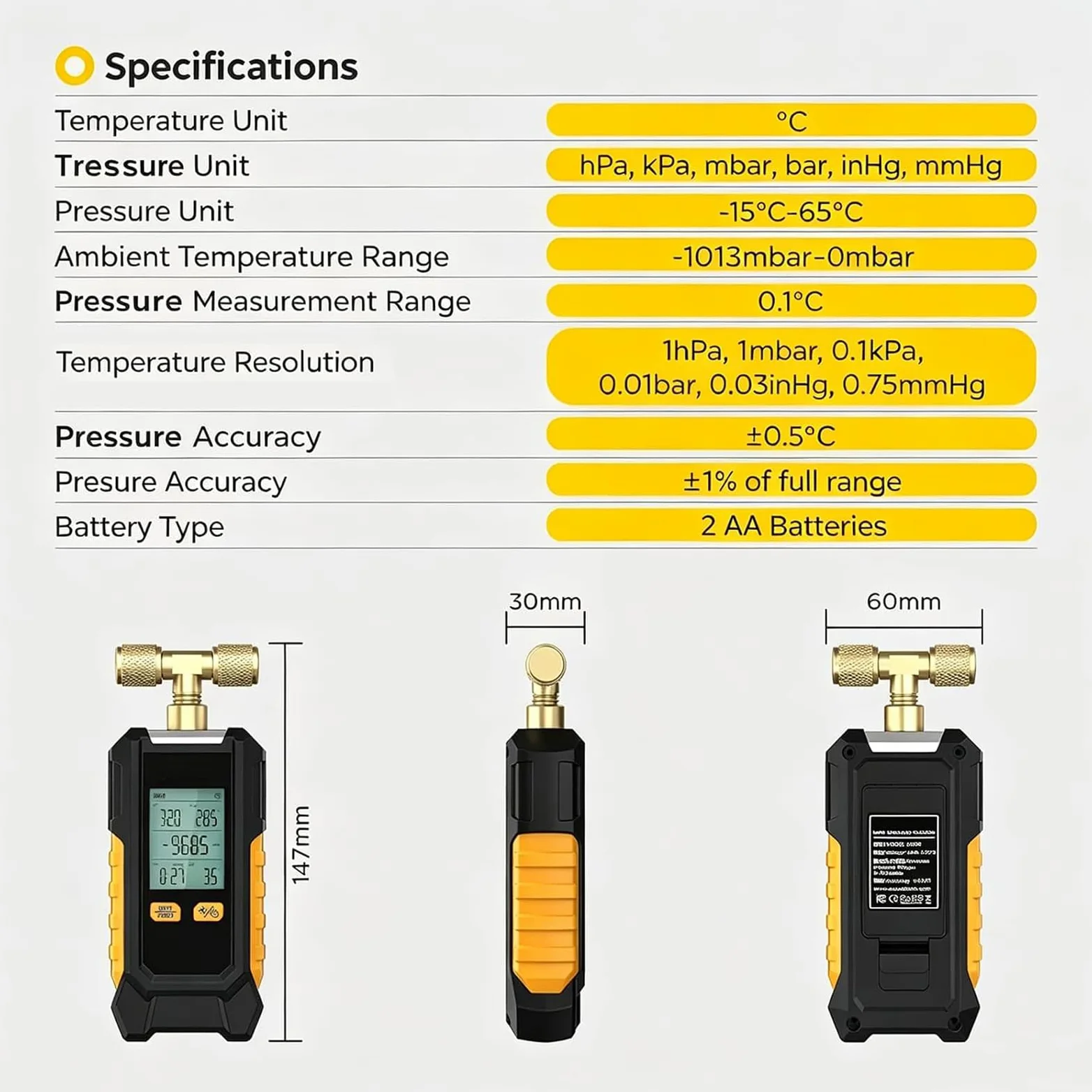 Manómetro De Vacío Digital, Detector De Fugas con Calibración Automática, con 6 Unidades Conmutables, Precisión De ±0,1%, con Pantalla LCD Retroiluminada, Herramienta De Diagnóstico HVAC