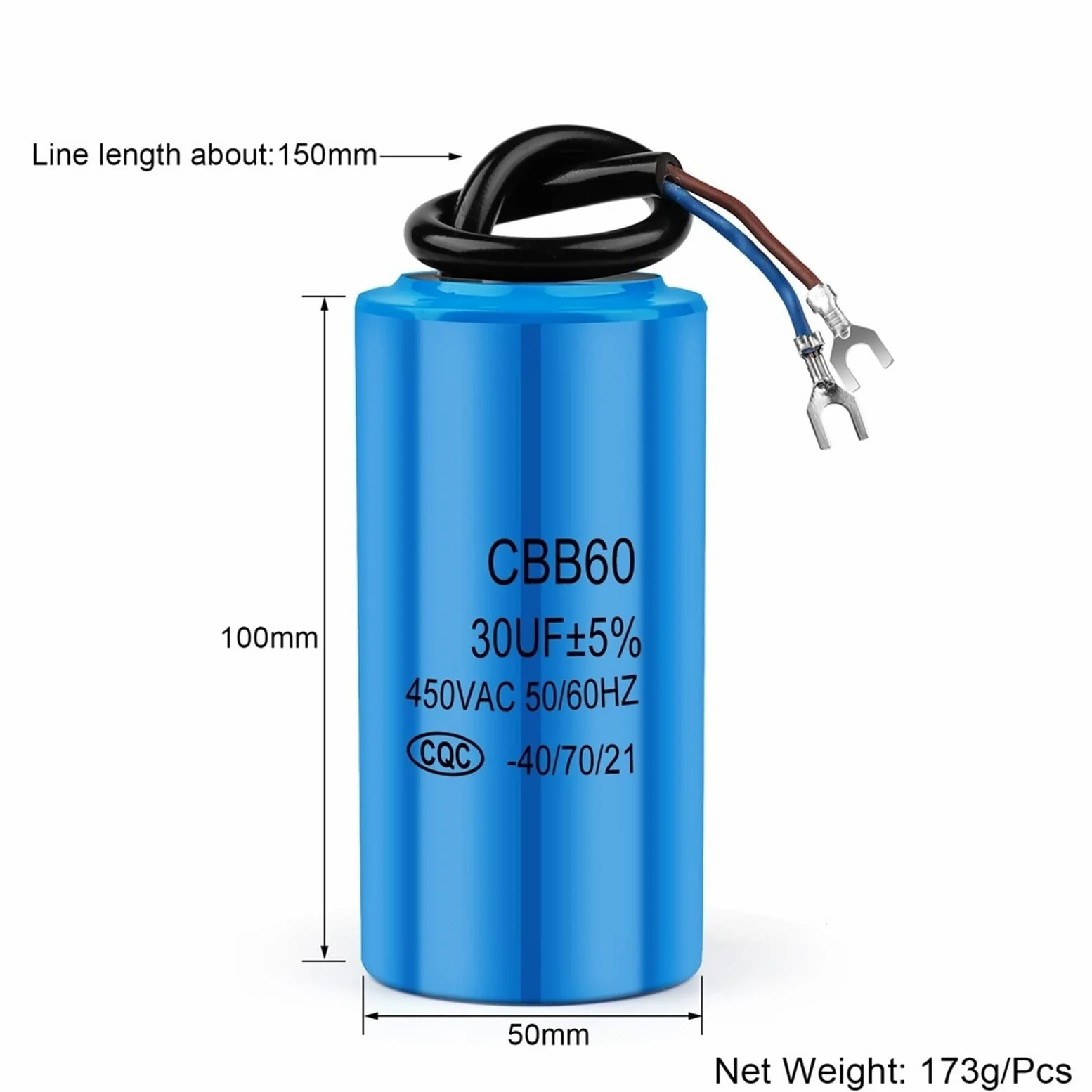 2 uds CBB60 450V condensador de funcionamiento del Motor serie condensadores de arranque de la bomba de agua funcionamiento del Motor de arranque 450VAC 3uF-80uF (Size : 80UF Blue)