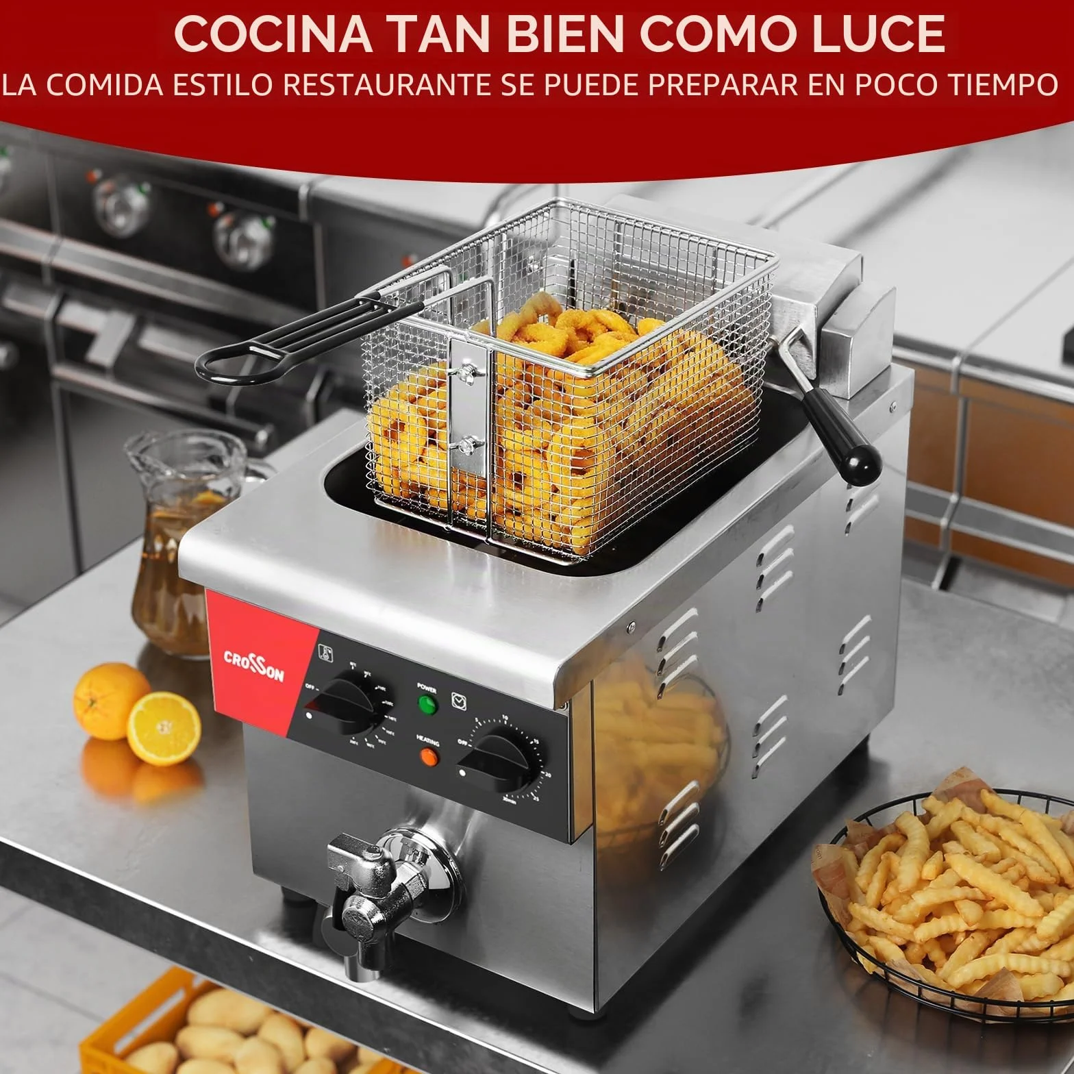 CROSSON Freidora Eléctrica Comercial 8L,3250W Freidora Aceite Profesional de Acero Inoxidable con Sistema de Desagüe, Temperatura Ajustable,para Aros de Cebolla Pollo Papas Fritas