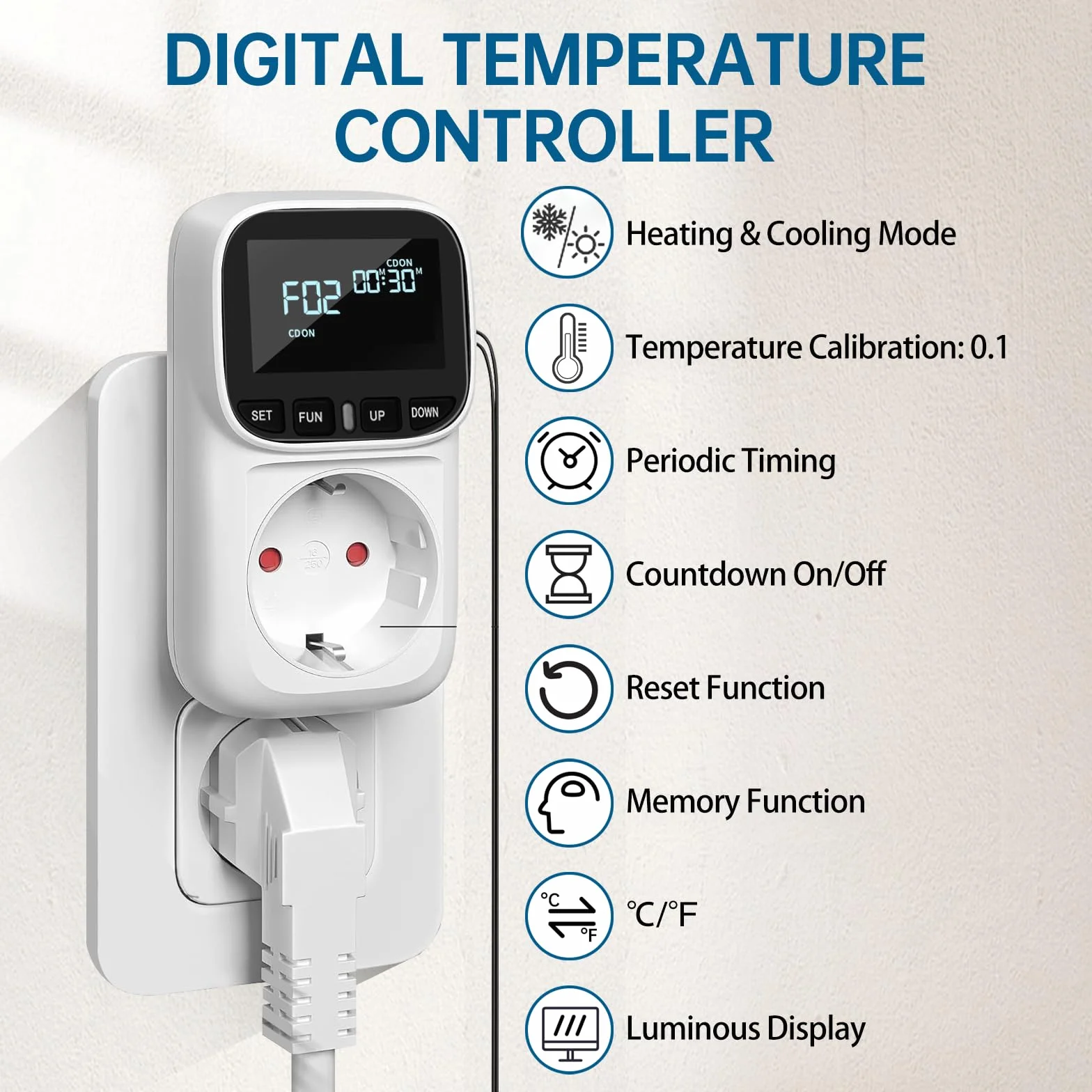 Enchufe controlador de temperatura digital 230V con sensor y interruptor de calefacción y enfriamiento