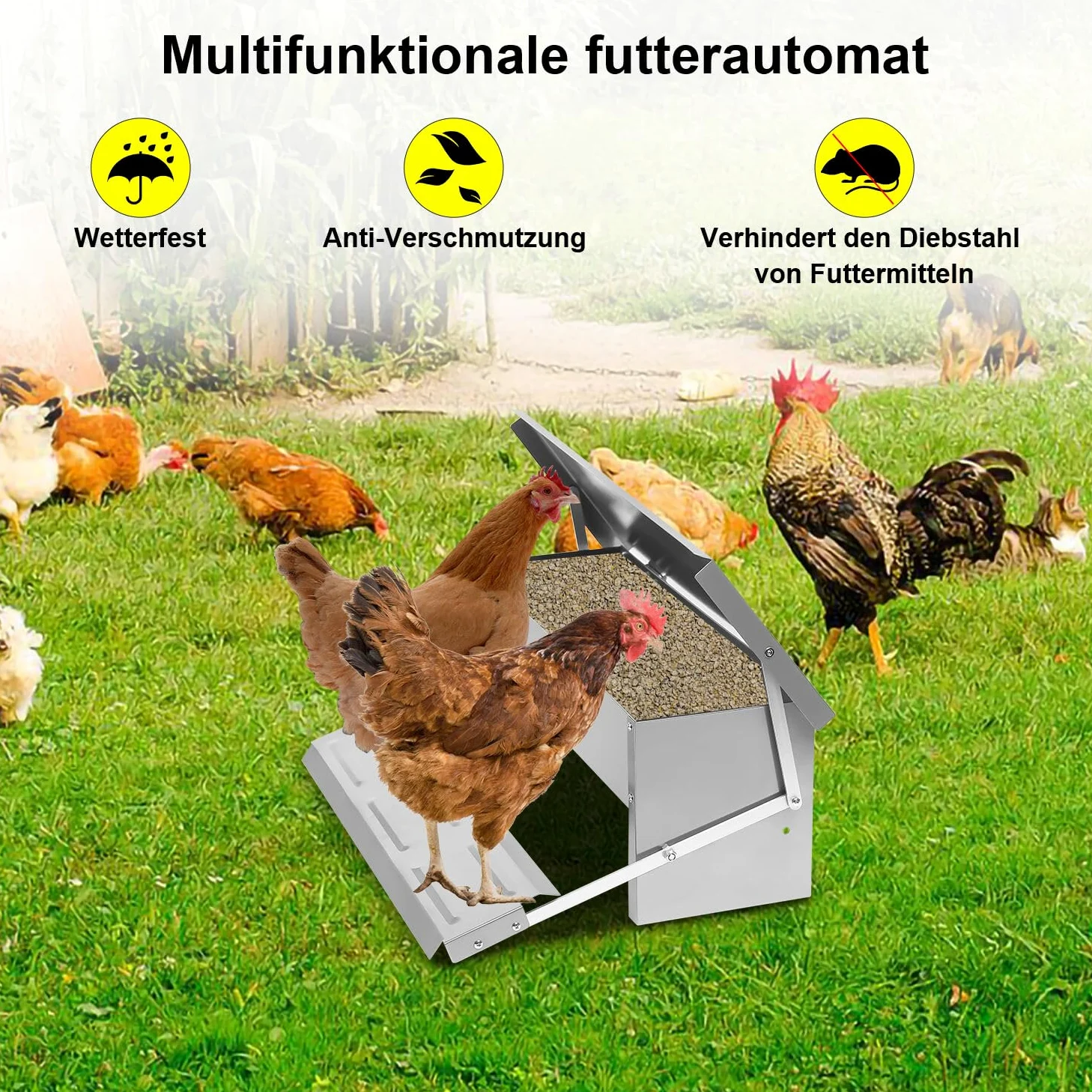 Comedero automático con pedal automático y manta resistente al agua, 2 comederos automáticos de 5 kg, con protección para ratones (guantes + cuchara de acero inoxidable), galvanizado