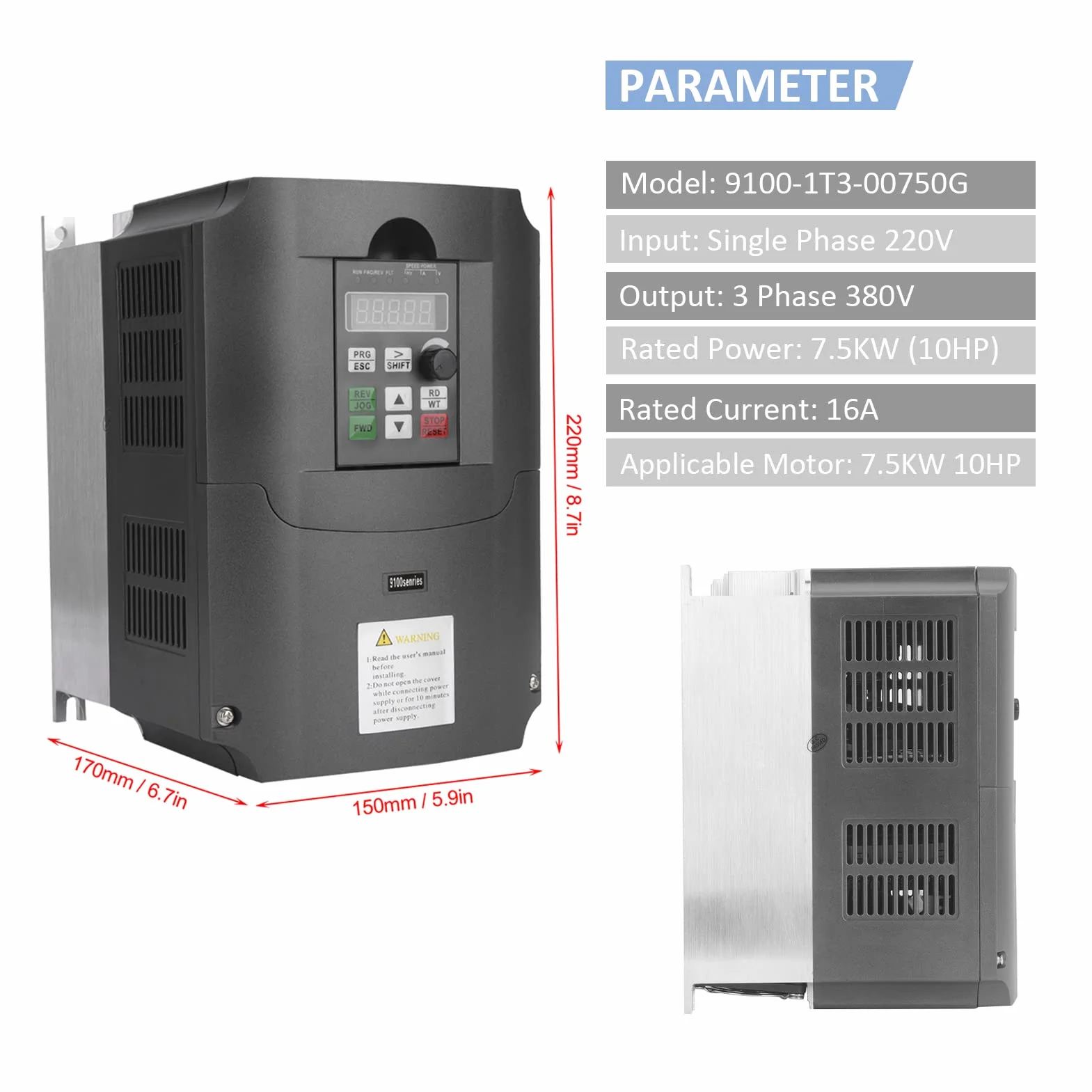 Inversor VFD, convertidor de frecuencia VFD 7.5kW monofásico Entrada 220VAC Salida trifásica 380VAC, controlador de velocidad VFD Inversor VFD