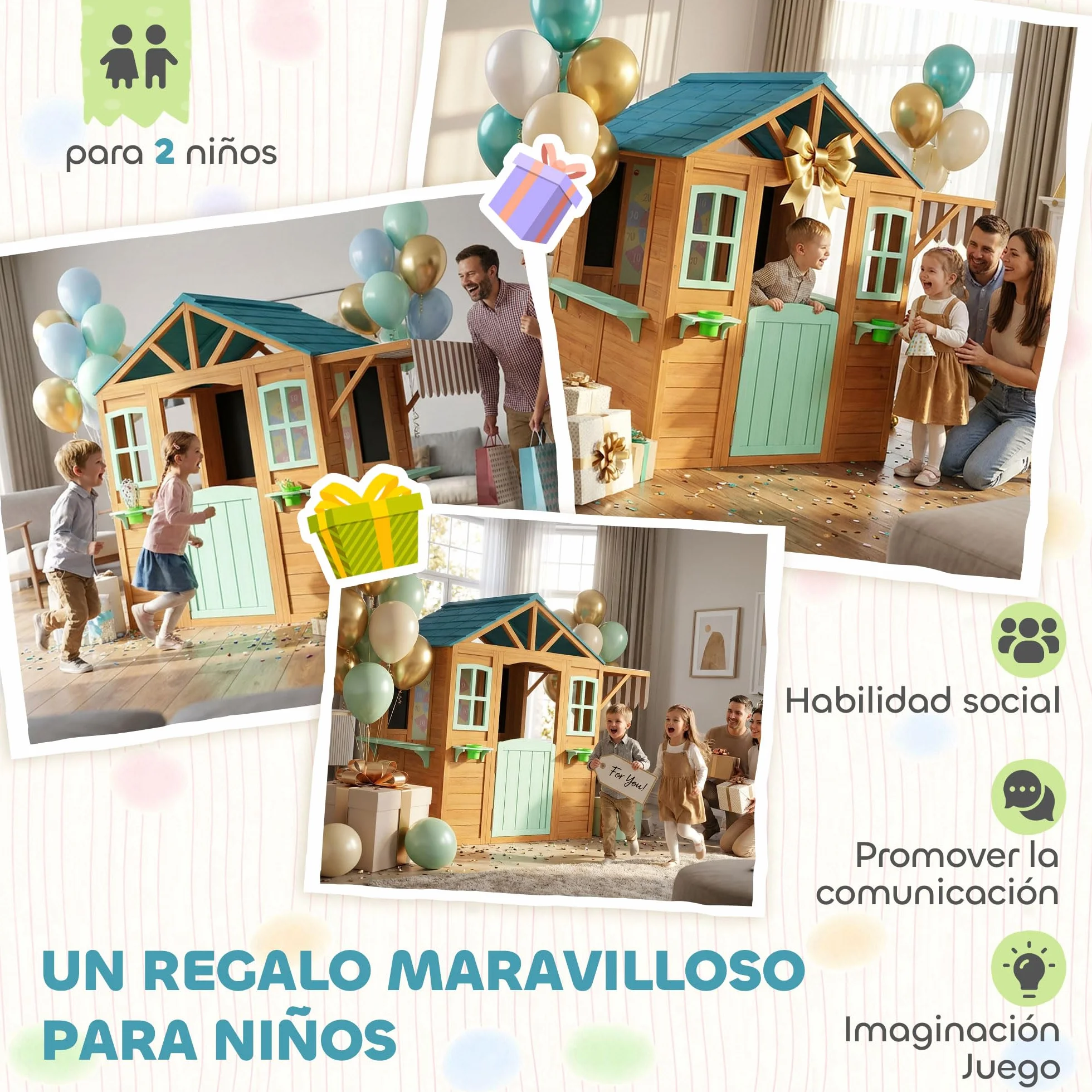 AIYAPLAY Casita Infantil Madera Exterior Interior con Barra Snack Maceteros Pizarra Ventanas Tela Tiro Pelotas Jardín Niños 3-6 Años Multicolor