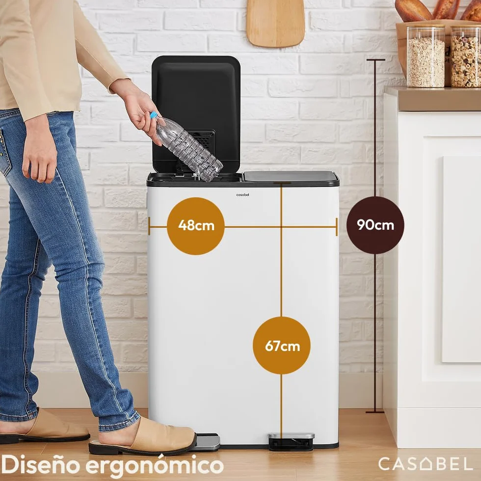 CASABEL Cubo de Basura Selectiva 60L, 2 x 30 Litros, Compartimentos Dobles 2x30L, Acero Inoxidable blanco, Papelera de Reciclaje de Pedal Rectangular, Anti Trazas, Anti Olores
