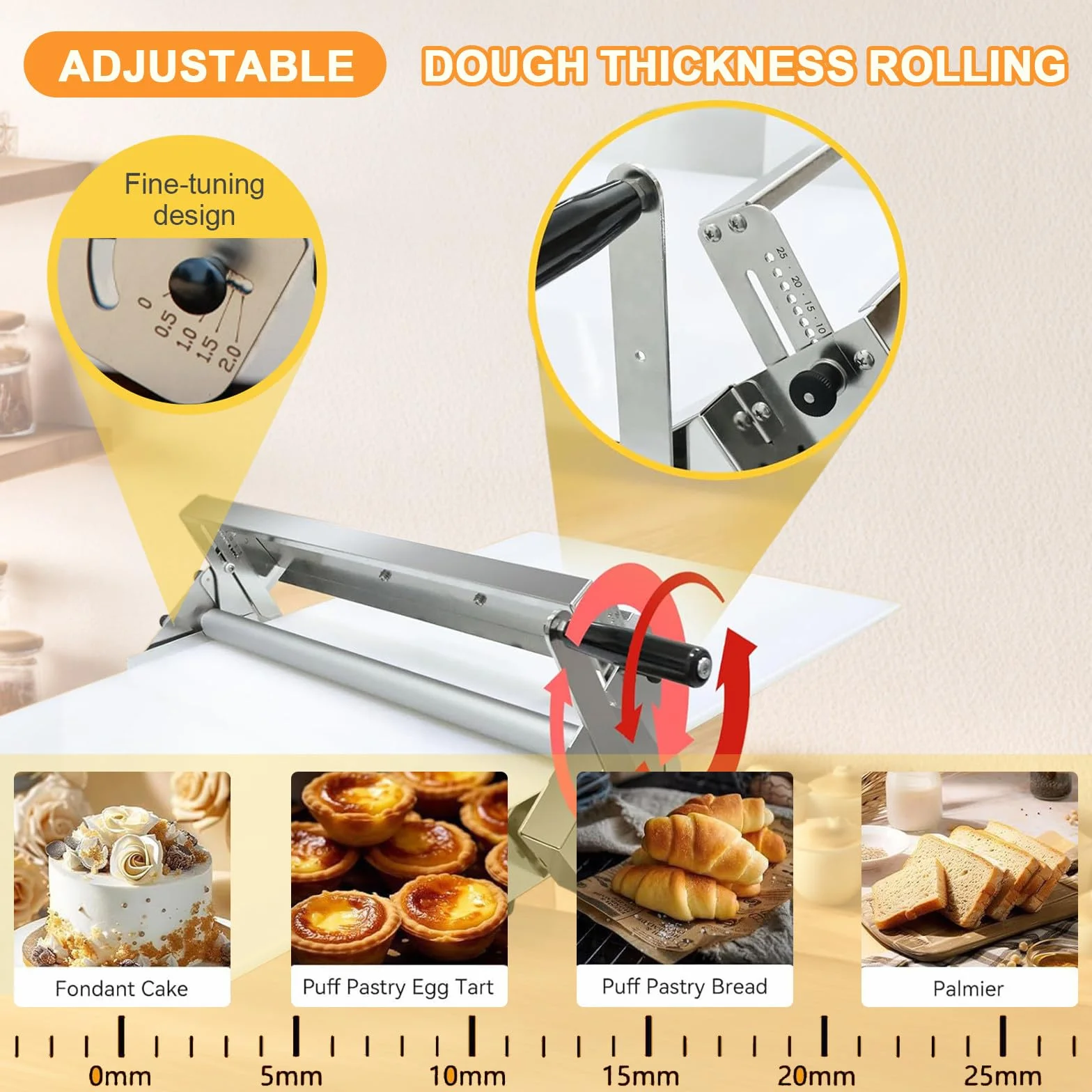 Laminadora de Masa Manual Compacta, 30cm/40cm Laminadora de Masa de Acero Inoxidable, Grosor Ajustable 0-25 mm, para elaborar pizza, croissant y productos de pastelería delicada 400-Model