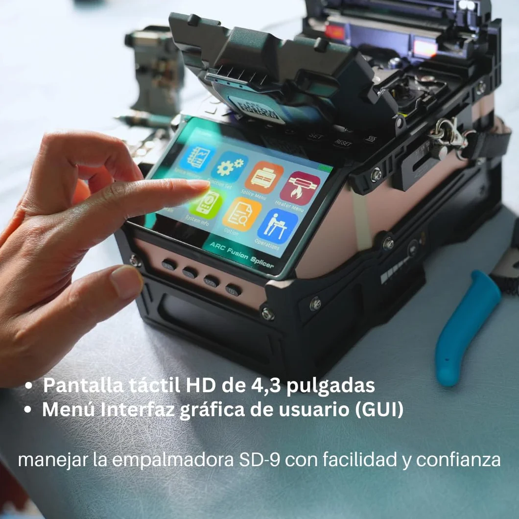 SD-9 Fusion Splicer Empalmadora de Fibra Optica con OPM y VFL Rápida 5s de Empalme y 11s de Calentamiento, fusionadora Core Alignment 6 Motores con Batería 7200mAh para Proyectos FTTx FTTH