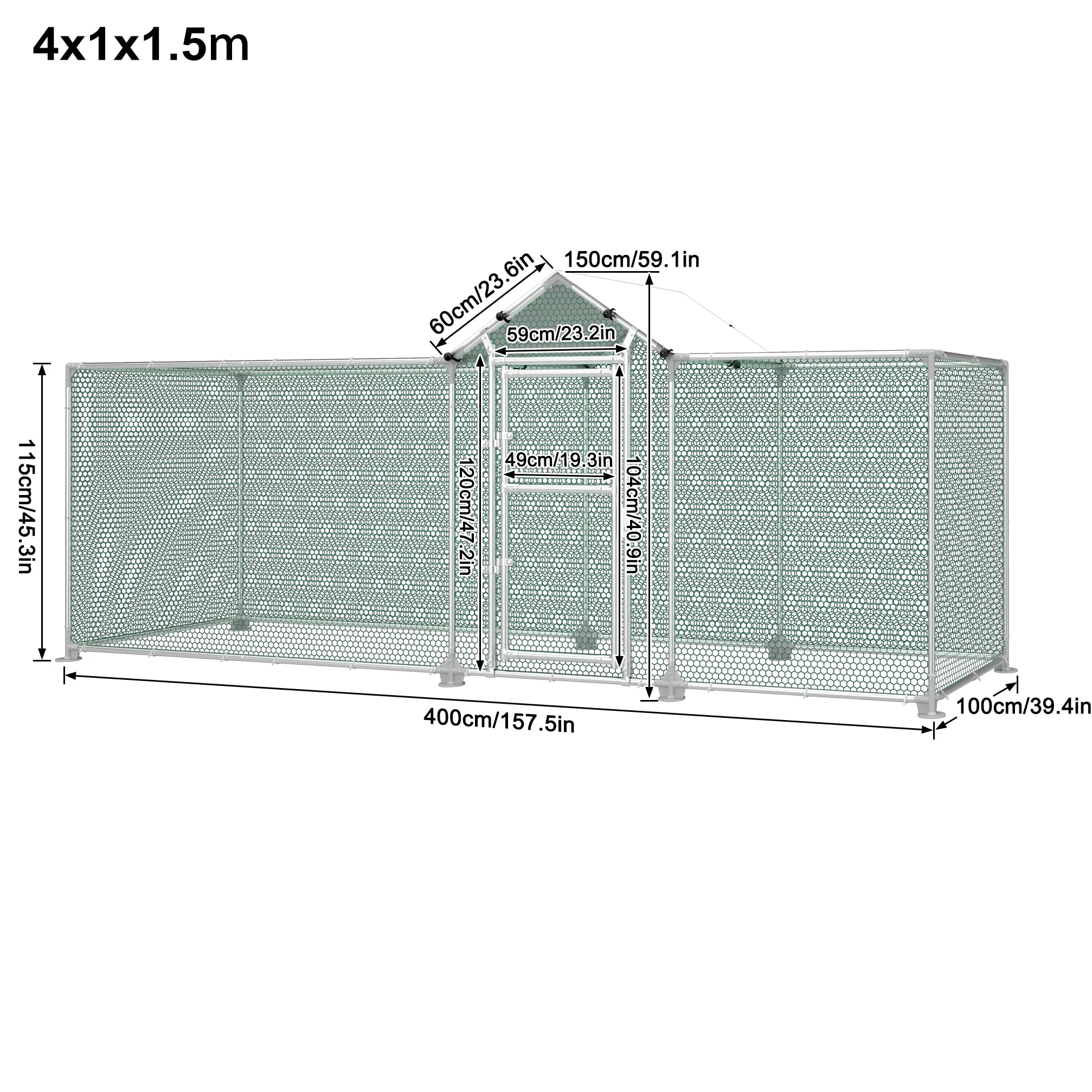 UISEBRT Gallinero para gallineros, 4 x 1 x 1,5 m, estructura de acero galvanizado, con cerradura para gallinas, animales pequeños