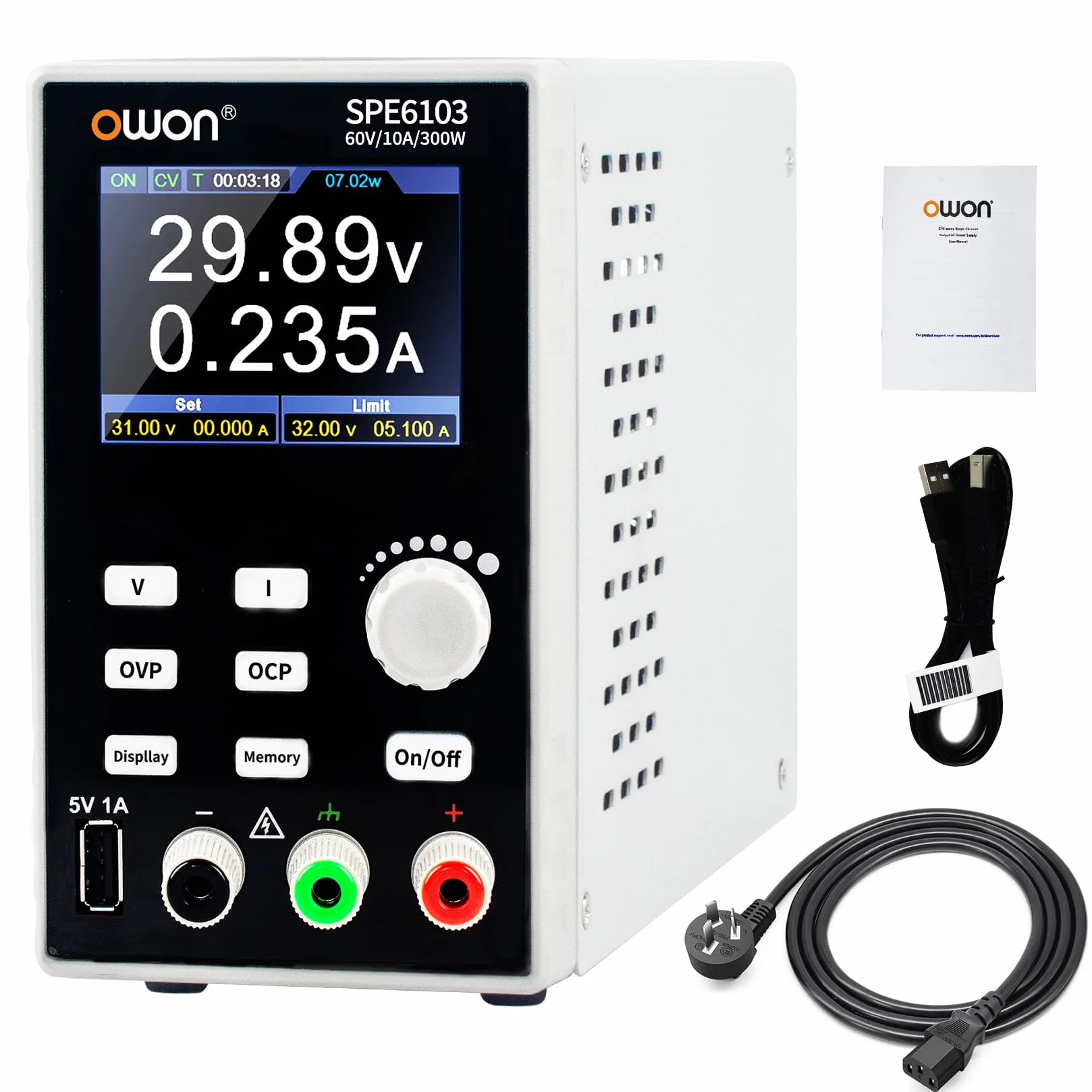 OWON SPE6103 Fuente de alimentación de laboratorio programable (0-60 V 0-10 A), fuente de alimentación de CC de 300 W, pantalla LCD de 2,8 pulgadas, software de PC de salida de canal único y carga USB