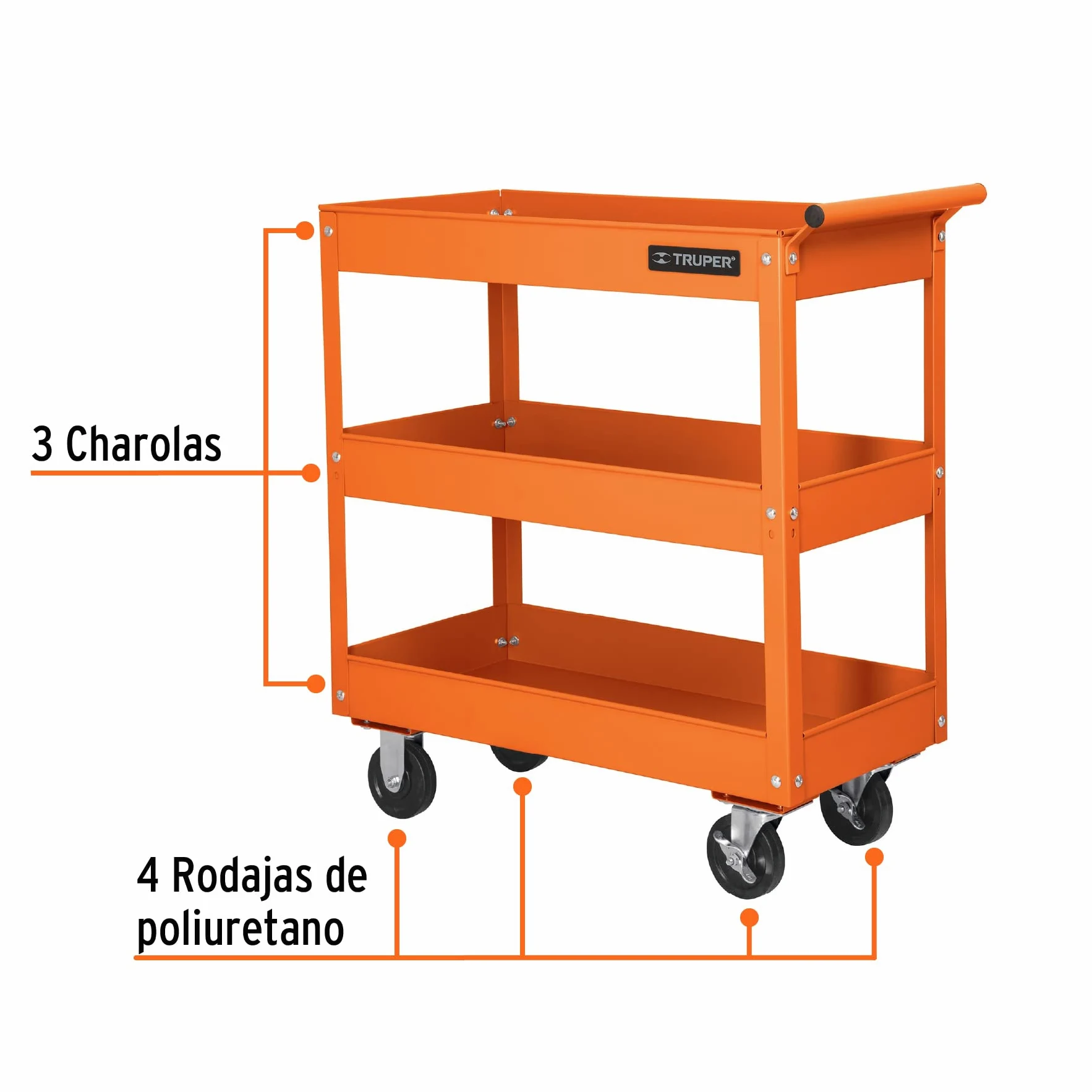 Carro de servicio Truper 3 estantes, neumático, 33.95 lbs, naranja, acero aleado, interior