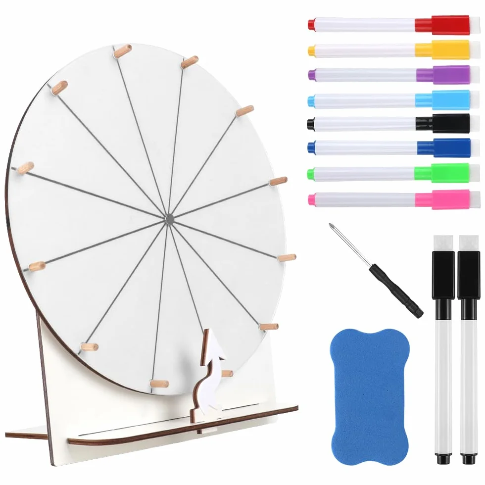 Rueda de la Fortuna 29cm Madera 12 Ranuras Ruleta Giratoria con Marcador y Borrador para Fiesta Carnaval