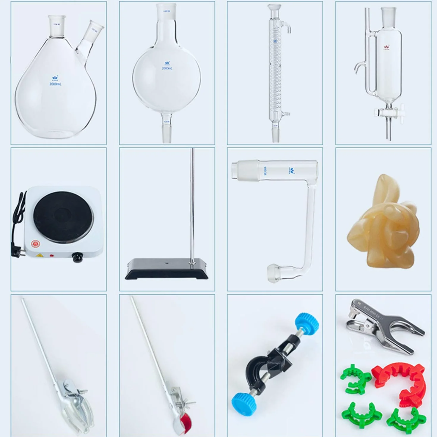 Aparato de destilación Kit destilador, Aparatos de extracción de aceites Esenciales de 2000 ml, Kit de Cristal de Cristal de destilación de Vapor de Vidrio con Estufa Caliente Graham Condensador