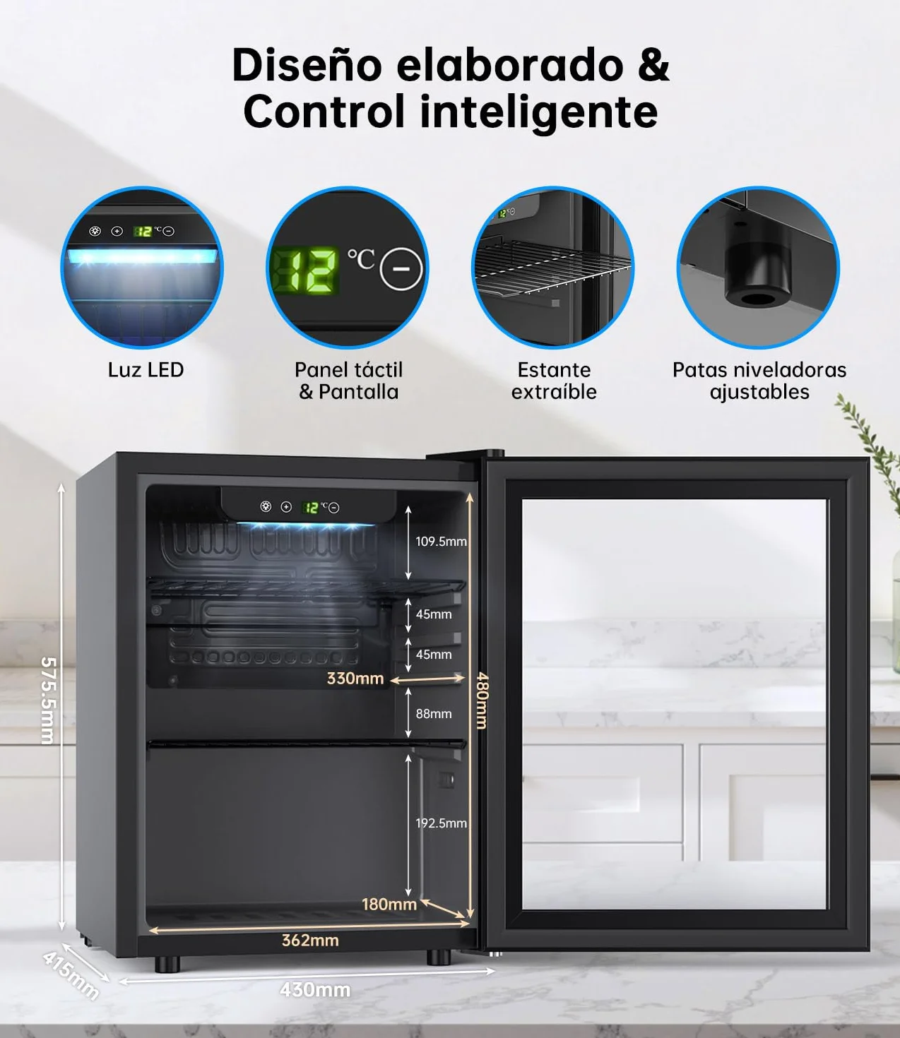 Mini Nevera 48L 68 Latas Frigorifico Pequeño con Puerta de Cristal, Temperatura Regulable, Iluminación LED, Silencioso