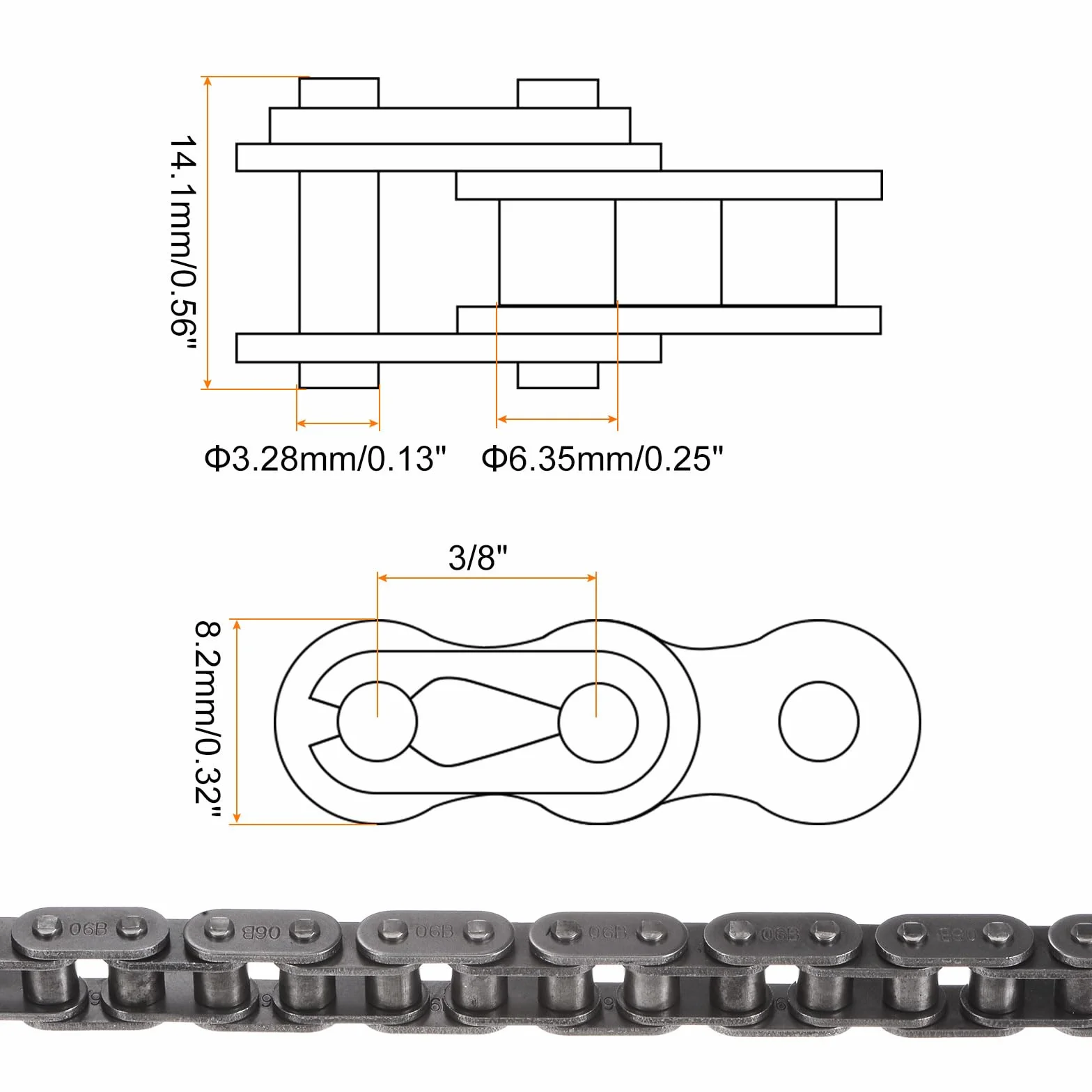 06B Métrico Estándar Rodillos Cadena 10 Pies Carbono Acero 3/8" Industrial Rodillo Cadena Accionamiento para Maquinaria -320 Eslabones