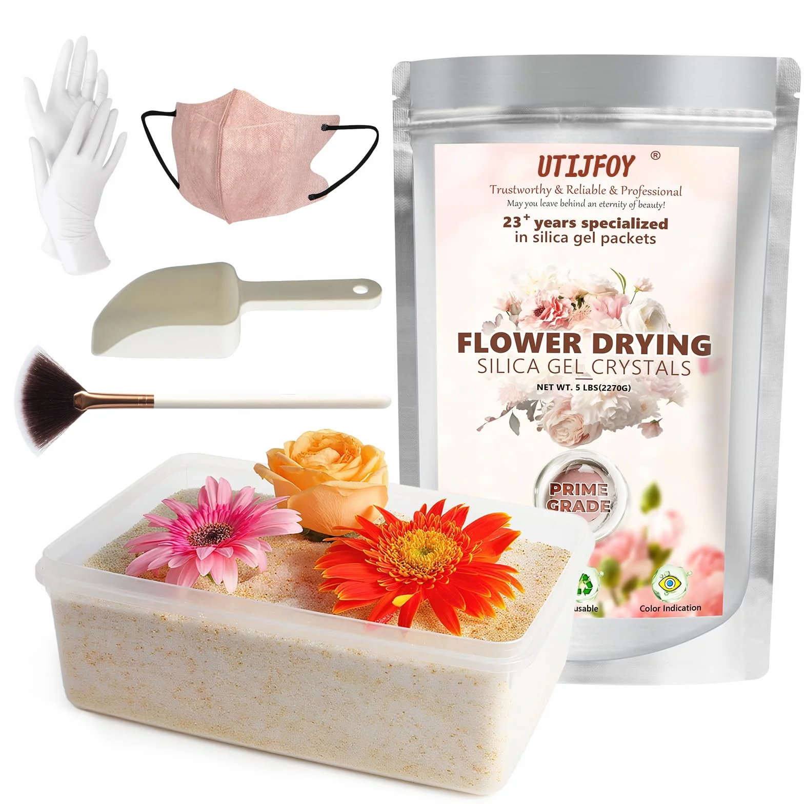 Juego de secado de flores de gel de sílice reutilizable con indicador de color, recipiente hermético, cepillo y boquilla