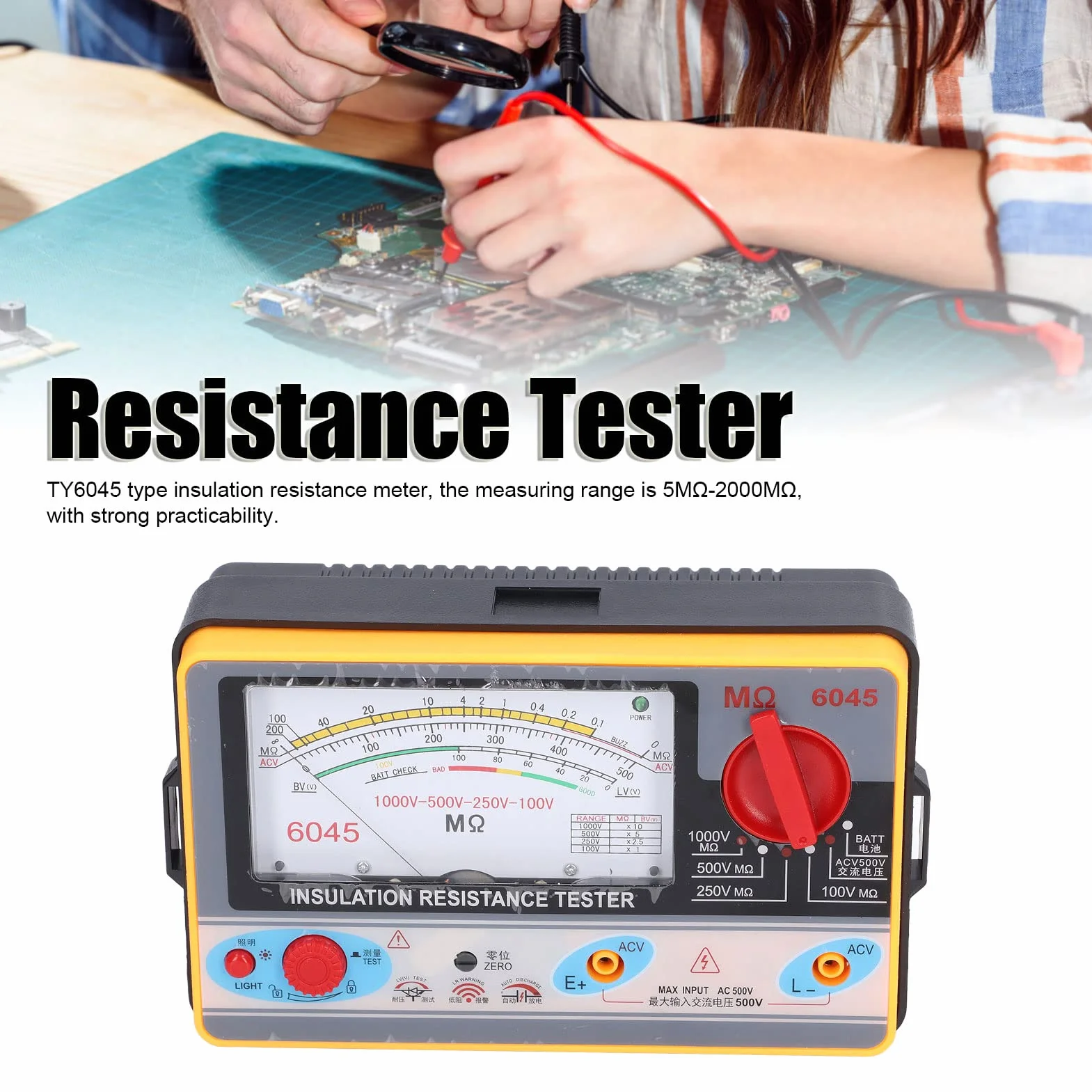 Probador de Resistencia de Aislamiento Analógico, CC 100/250/500/1000 V Y CA 750 V Y Medidor de Megaohmios de Batería, 5-2000 Mohm para Pruebas de Infrarrojos