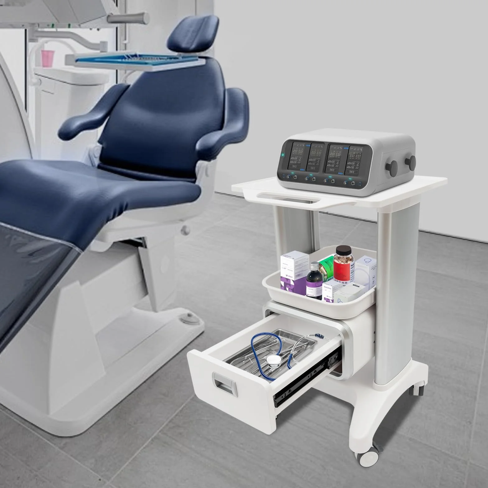 Carro médico con cajón y estante, 100 kg, carro de servicio para laboratorio clínica hospital
