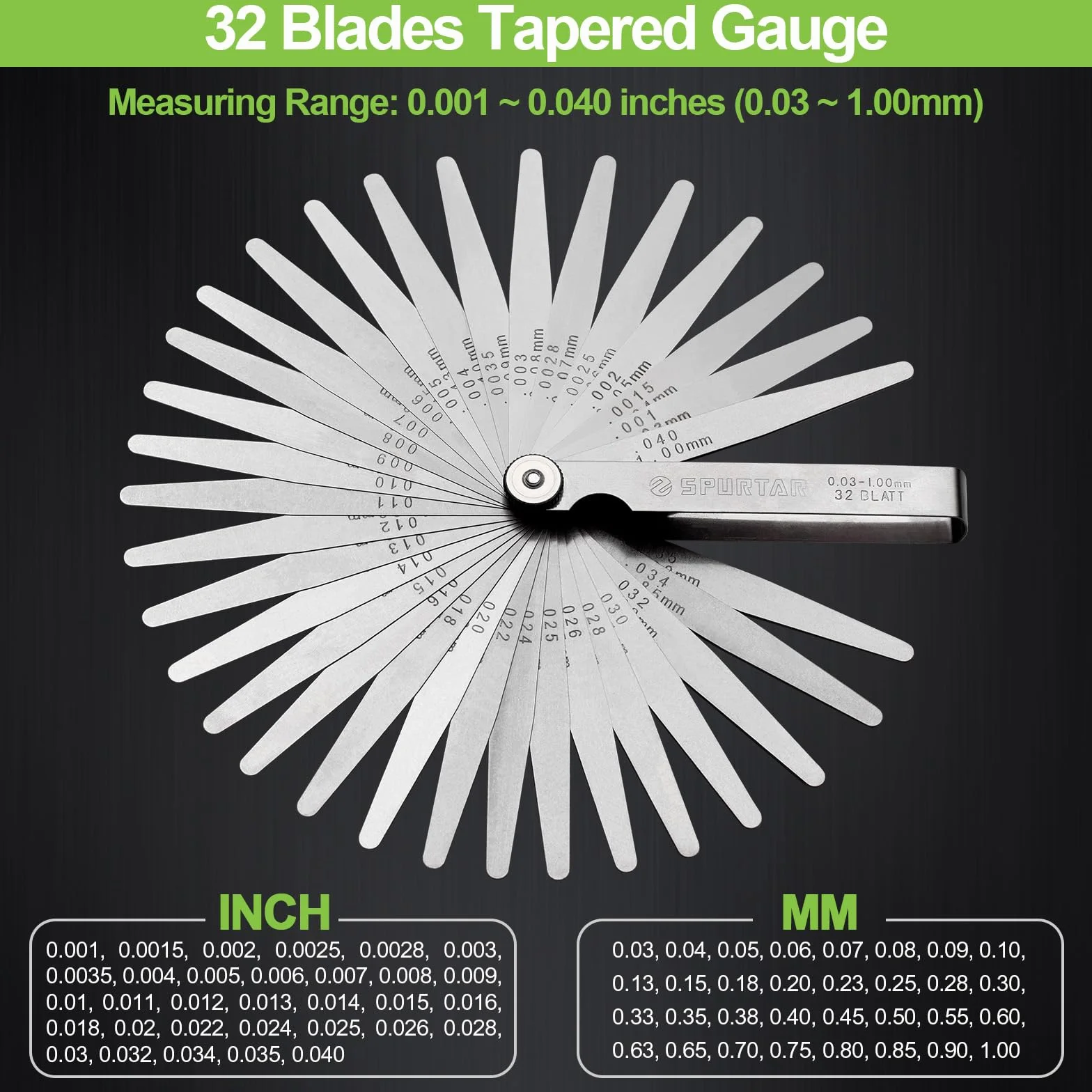 Spurtar Galgas de Espesores 32 Cuchillas 0,03-1,00mm/0,001-0,04" Dobles Métrica Imperial Herramienta