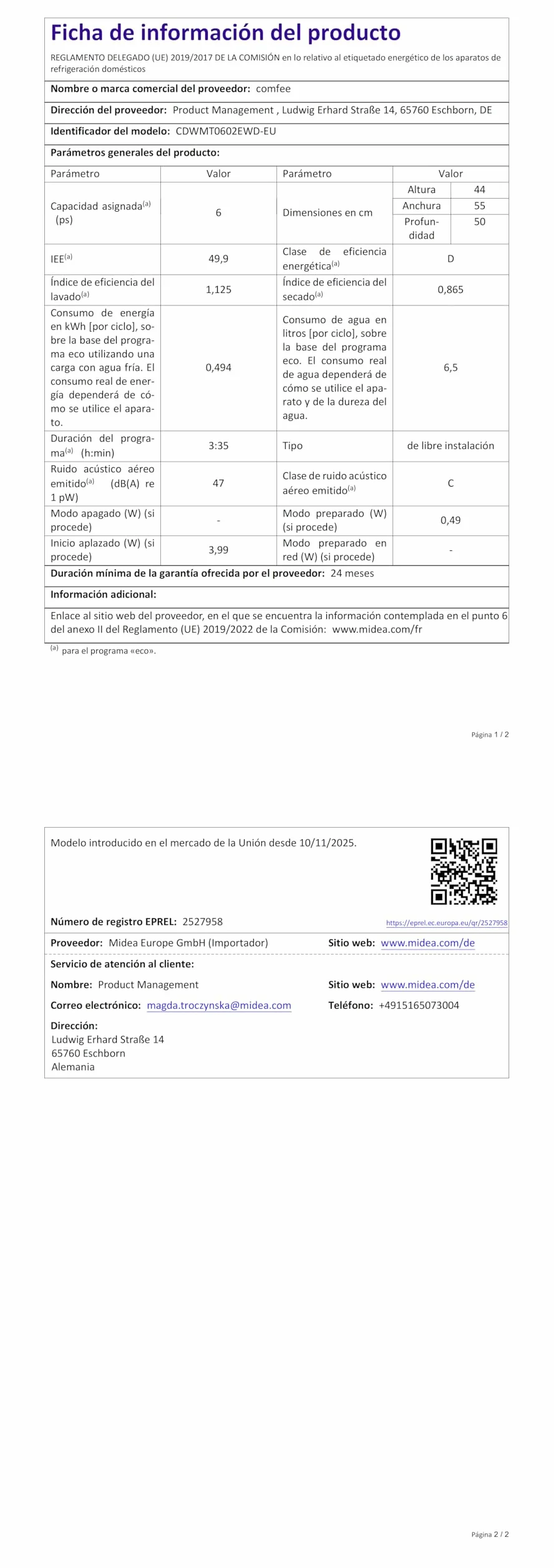 COMFEE' CDWMT0602EWD-EU Lavavajillas de Sobremesa Compacto 6 Cubiertos 6 Programas Clase D Pantalla LED 24H Inicio Diferido 70°C 47 dB Blanco