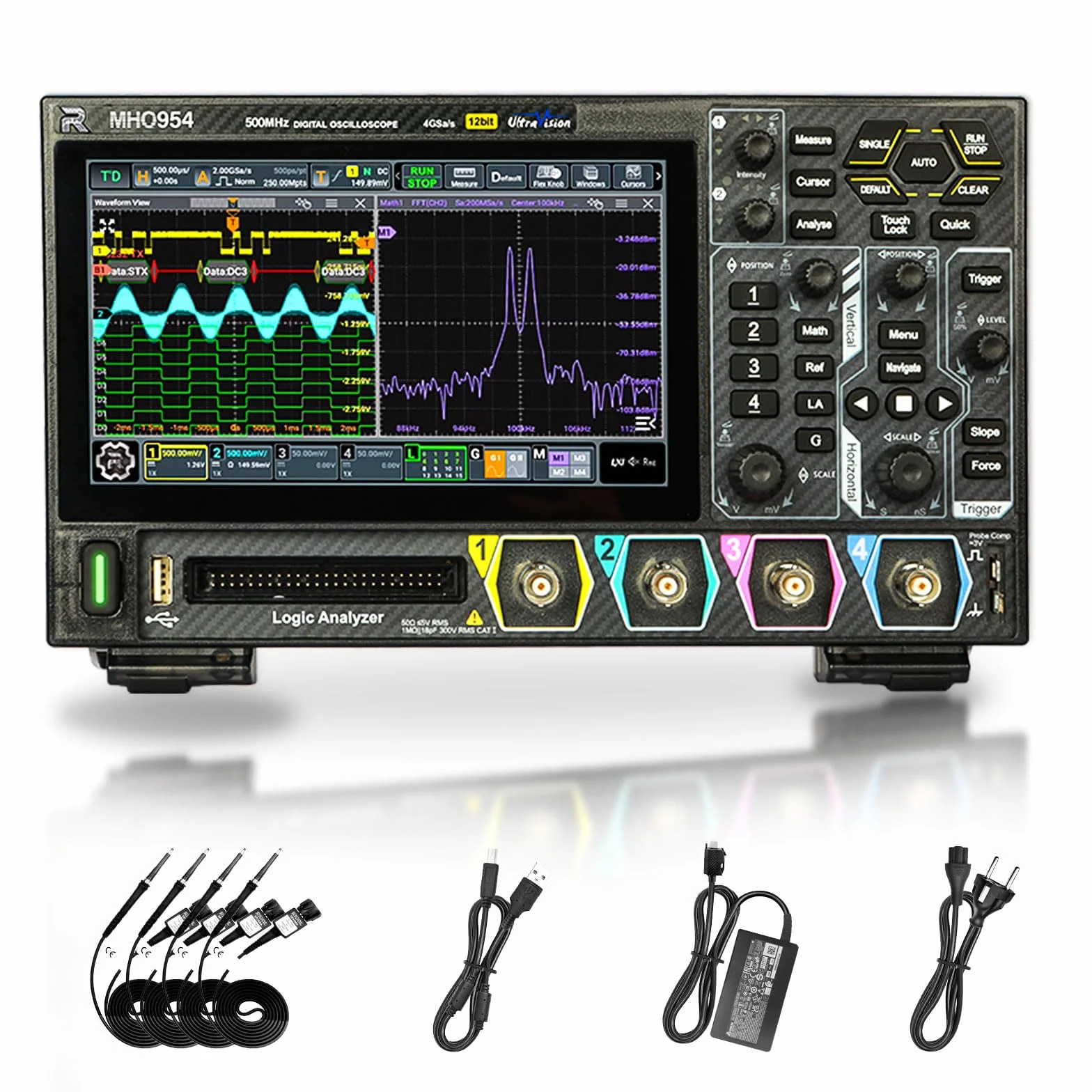 RIGOL MHO954 Osciloscopio Digital, 500MHz, 4GSa/s, 12-bit, 4+16 Canales, Wi-Fi & Bluetooth, Alimentación Type-C, AFG opcional, Ultraportátil