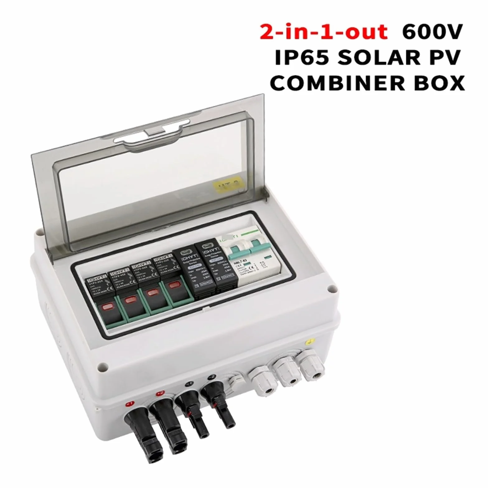 Caja del combinador Solar Caja combinadora fotovoltaica Solar con 2 entradas y 1 Salida, Fusible de 600 V CC, Caja MCB SPD(DC Fuse 15A)