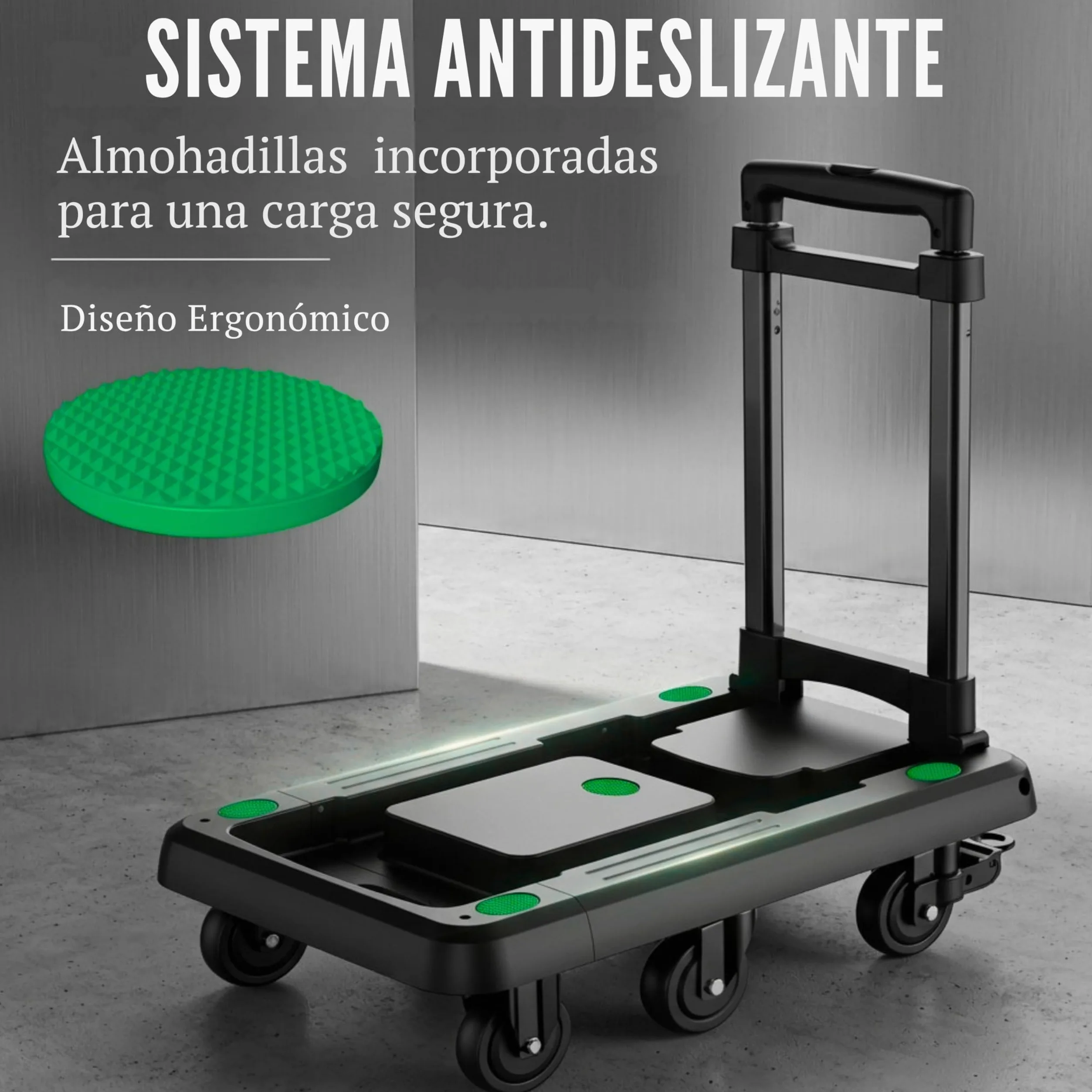 Carretilla Plegable hasta 100kg con 6 Ruedas de Goma con Freno, Carro de Transporte Plegable Extensible 60x30 cm, Mango Telescópico Ajustable, Plataforma Compacta para Mudanzas, Compras o Trabajo
