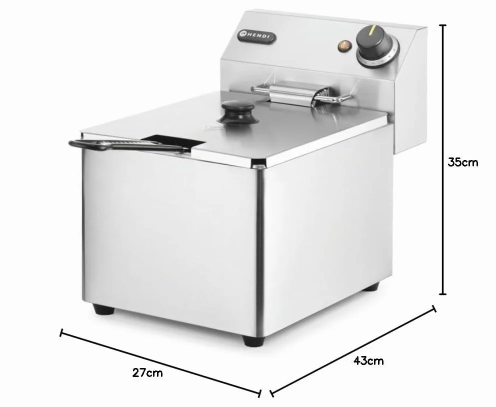 HENDI Freidora eléctrica, T ajustable hasta 190°C, termostato de seguridad, zona fría, con tapa y cesta de freír, tanque de aceite extraíble, 8L, 230V, 3500W, 265x430x(H)345mm, acero inoxidable