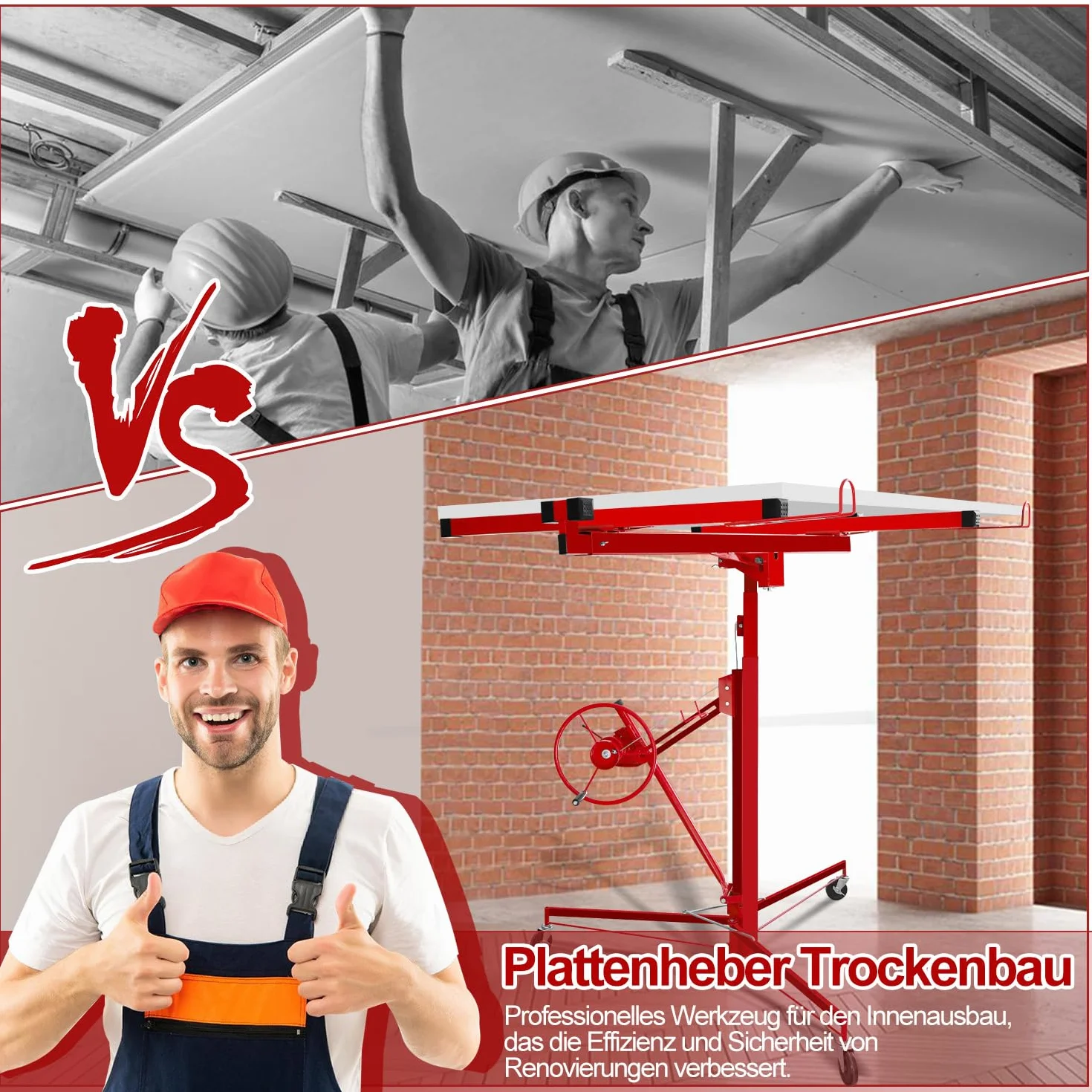 Ikodm - Elevador de placas plegable XXL para paneles de yeso, altura de trabajo ajustable de 132-335 cm, ancho máximo del brazo de carga de 290 cm y capacidad de carga de 68 kg, Rojo