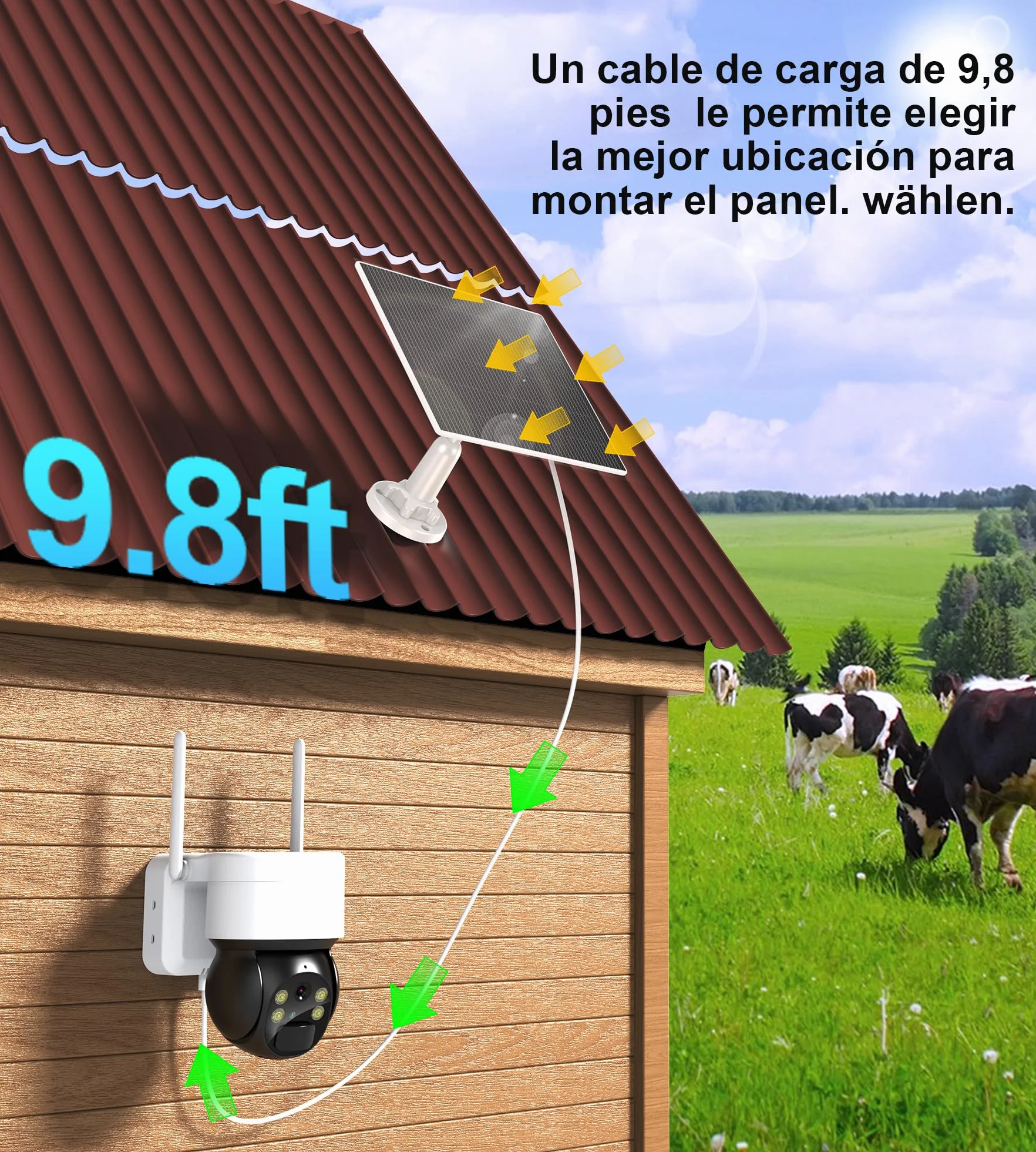 Panel Solar 6W para Cámara de Vigilancia Exterior, USB C y DC 3.5mm, Compatible con Eufy, Reolink, Ring, Arlo