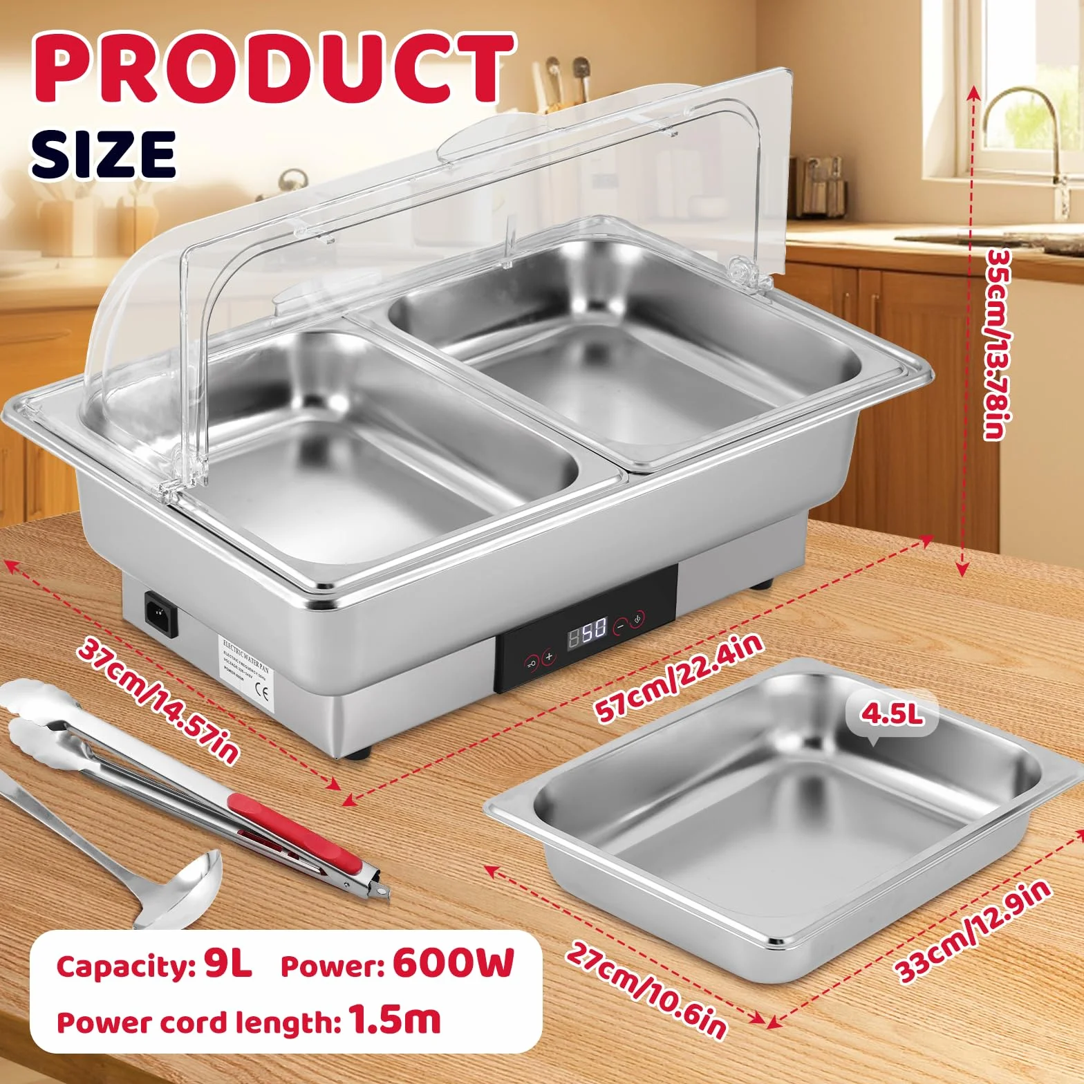 Calentador de Buffet Eléctrico 9L Acero Inoxidable con Control de Temperatura