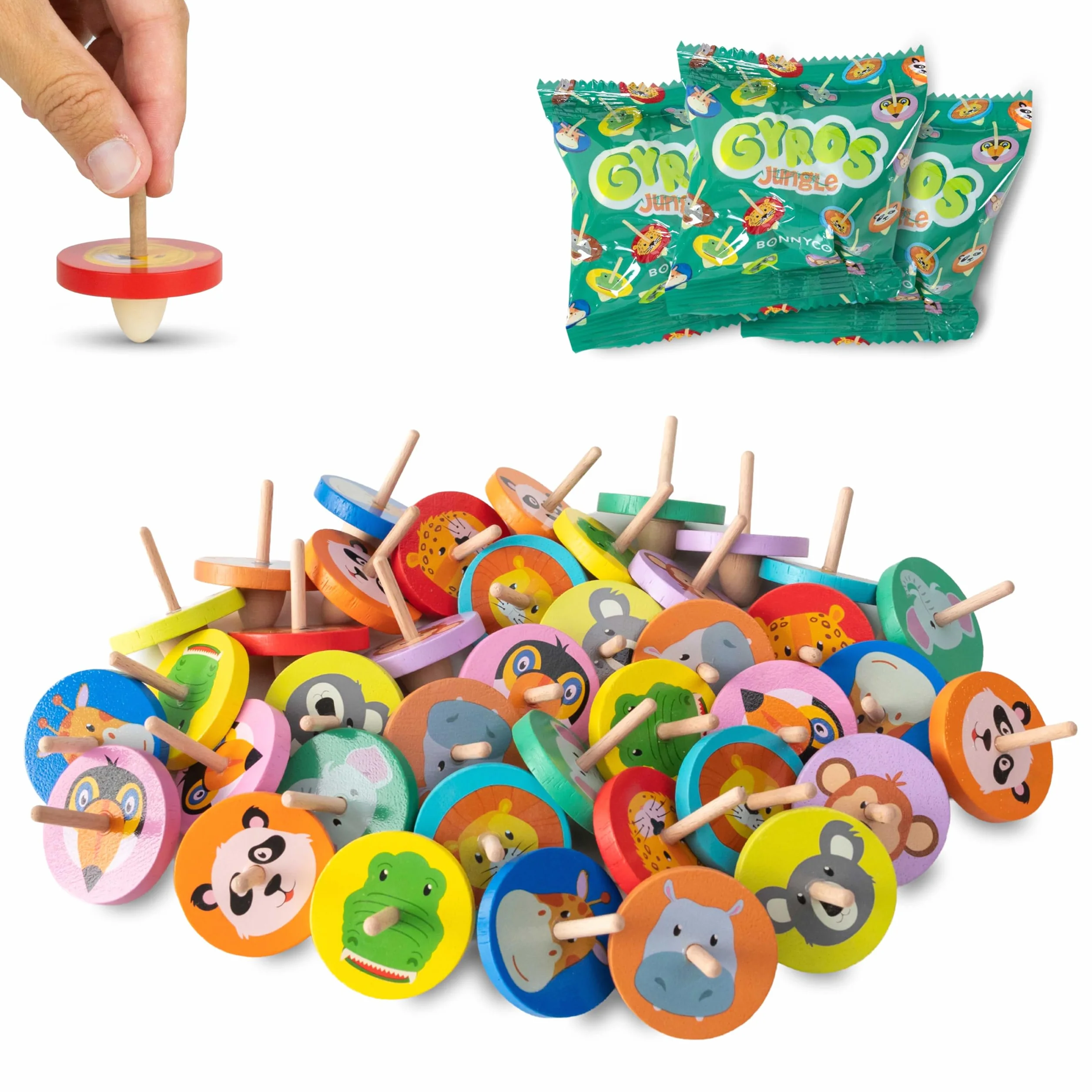 BONNYCO Peonza Madera Animales Jungla, Pack 40 Regalos Cumpleaños Niños