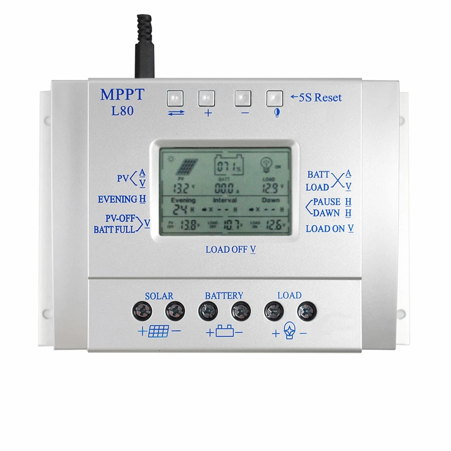Controlador de carga solar, 8 0A MPPT Controlador de carga solar 1 2V 24V Regulador 80A for una entrada máxima 48V con control luz y temporizador USB