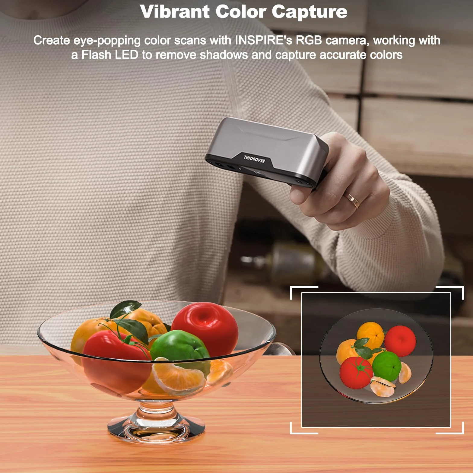 Revopoint Escáner 3D Inspire para impresión 3D, precisión de 0,2 mm, velocidad de escaneo de 18 FPS, modelo 3D portátil, escaneo estable con IMU, escáner 3D de infrarrojos con plato giratorio