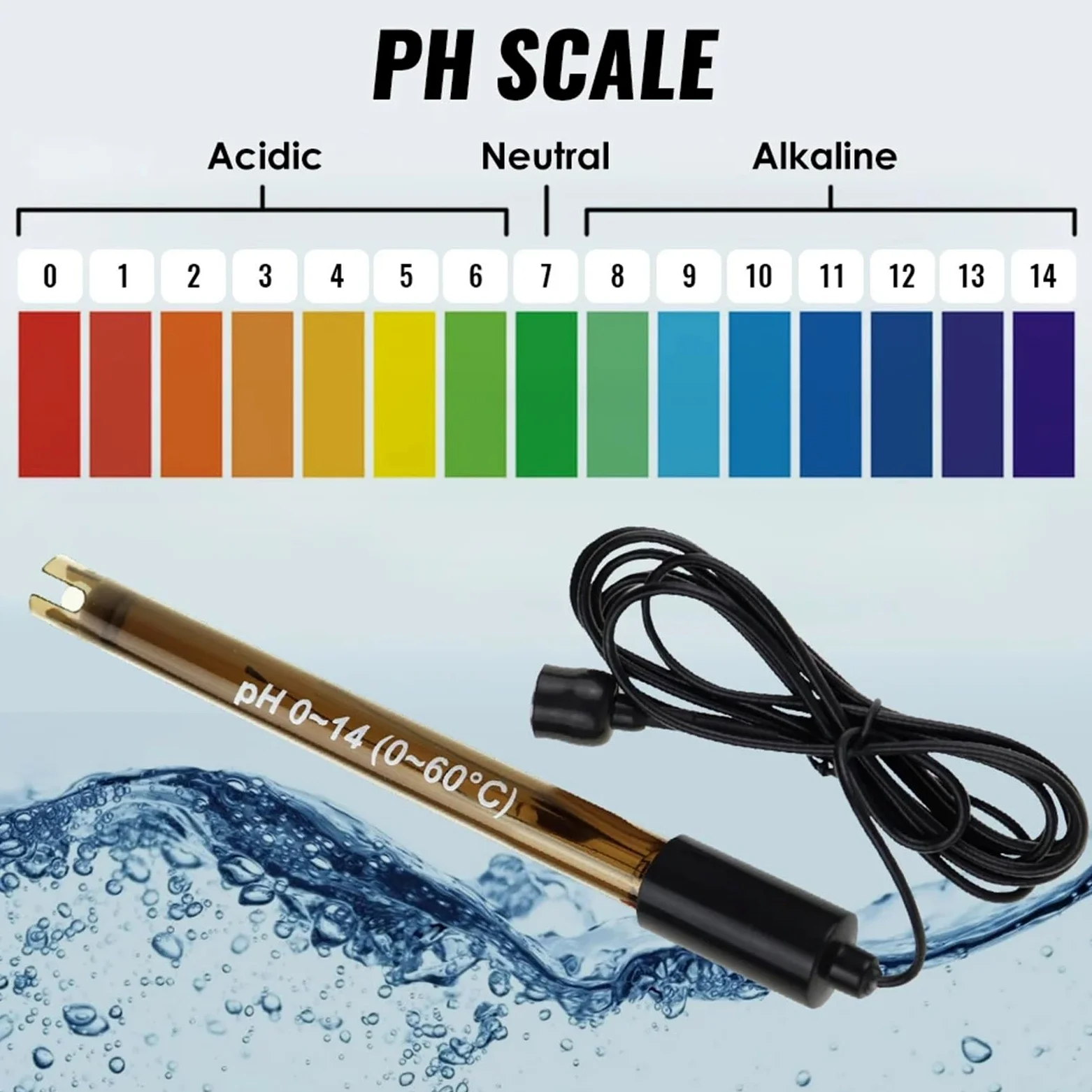 Sonda de pH for piscinas con conector BNC de 50 ohmios, cable de 200 cm, for hidroponía y acuarios. Incluye sonda for medir el pH del agua.,Análisis confiable
