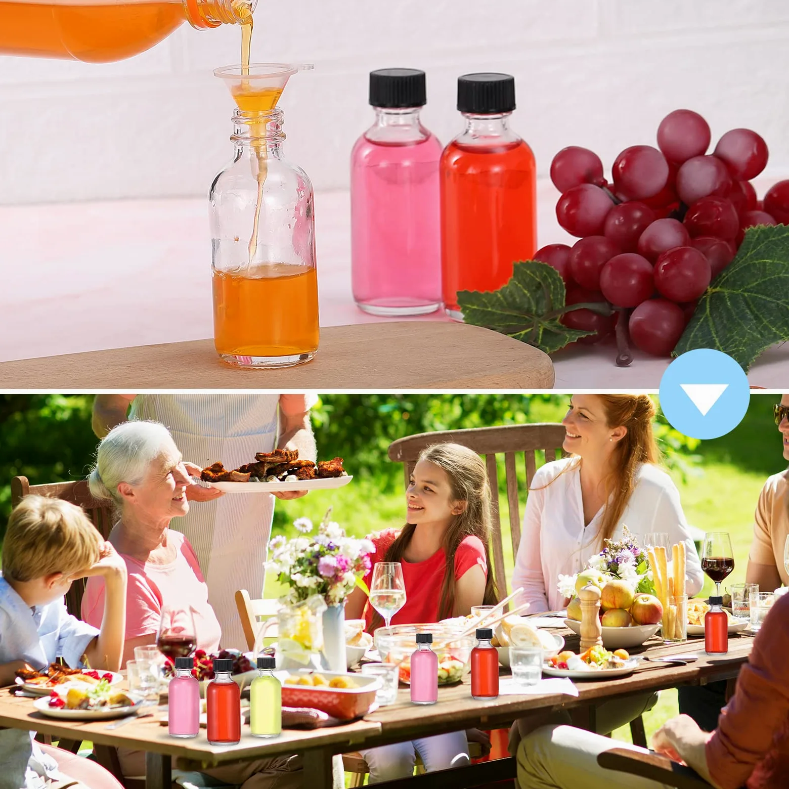 72, botellas pequeñas de vidrio transparente de 2 onzas con tapas, botellas redondas de muestra Boston para aceite esencial, salsa picante, jugo, whisky, bourbon líquido vienen con 5 embudos, 5