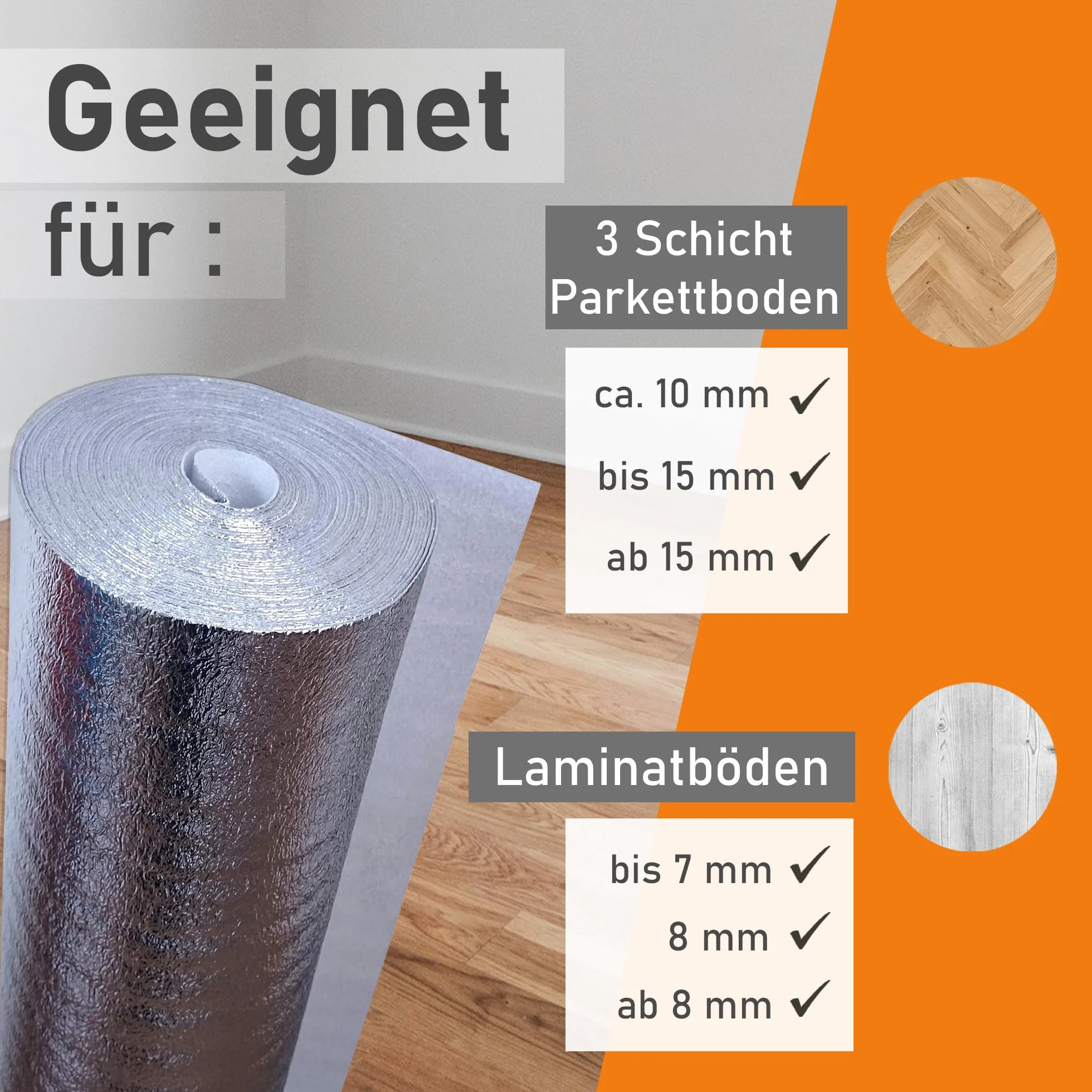 Aislamiento acústico de impacto uficell® ALU [100 m² - 4 rollos] - Espuma de PE con barrera de vapor de aluminio - Espesor: 2 mm - Aislamiento acústico de impacto y sonido de pasos