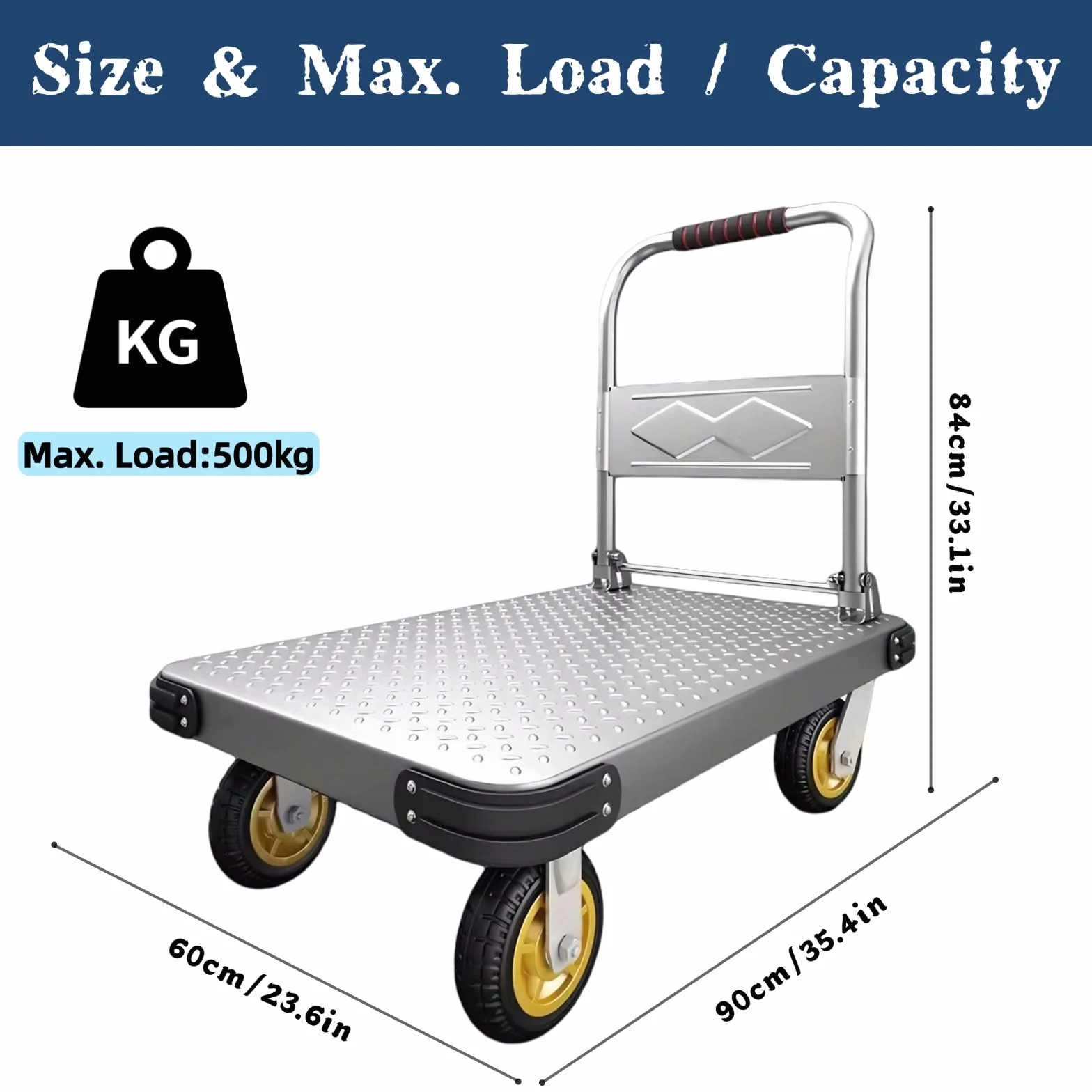 500kg Carro de Plataforma Resistente, Plataforma Rodante de Acero, Carretilla de Mano Plegable con Plataforma de Trabajo de 90x60 cm para Carga y Almacenamiento