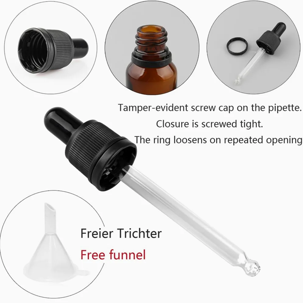 24 Piezas 100ml Transparente vidrio Botellas con cuentagotas y tapa de seguridad para Muestra Fragancias de Aceites Esenciales de Aromaterapia Masaje