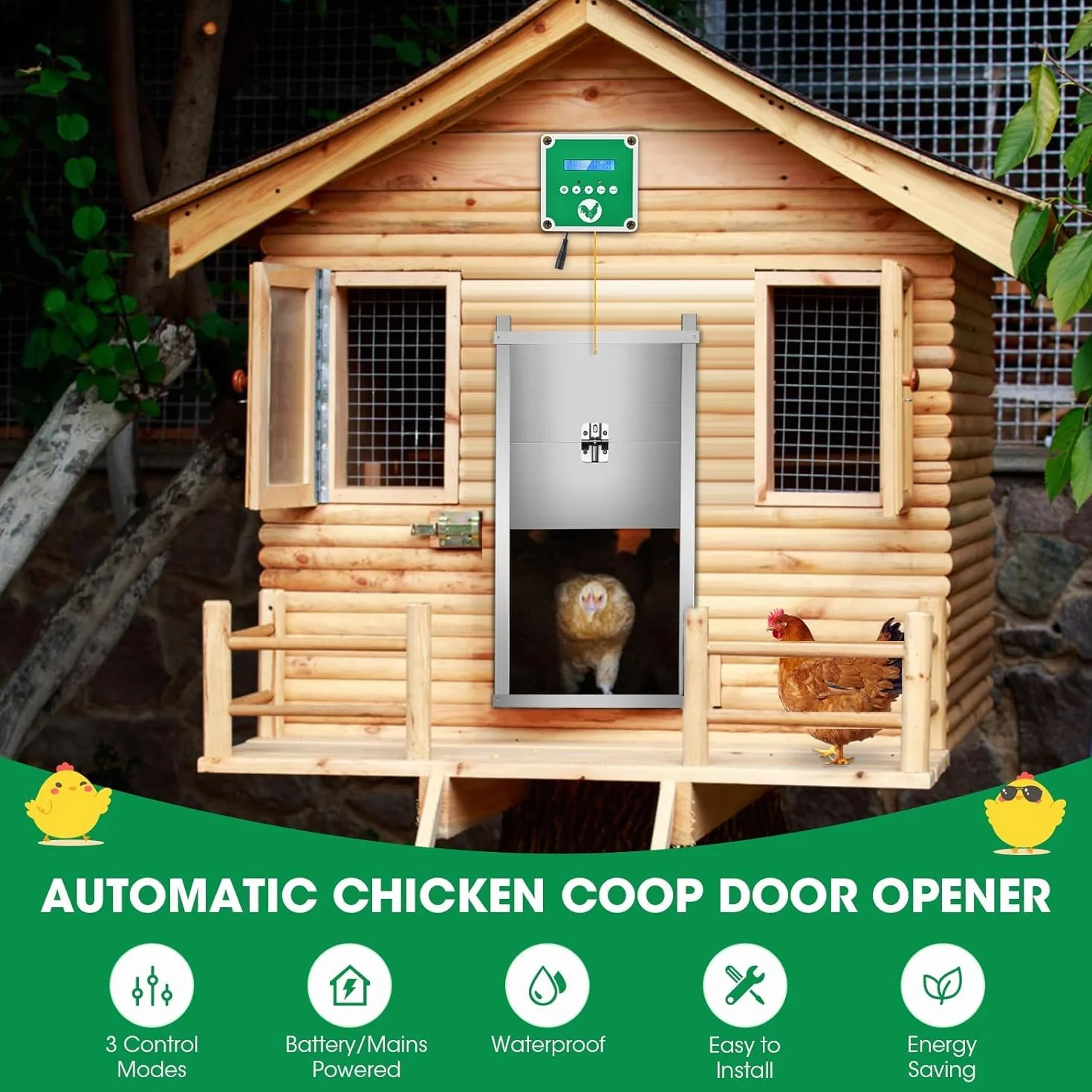 Sunowl Puerta Automática para Gallinero con Temporizador y 2 Controles Remotos, Kit Eléctrico (Verde)