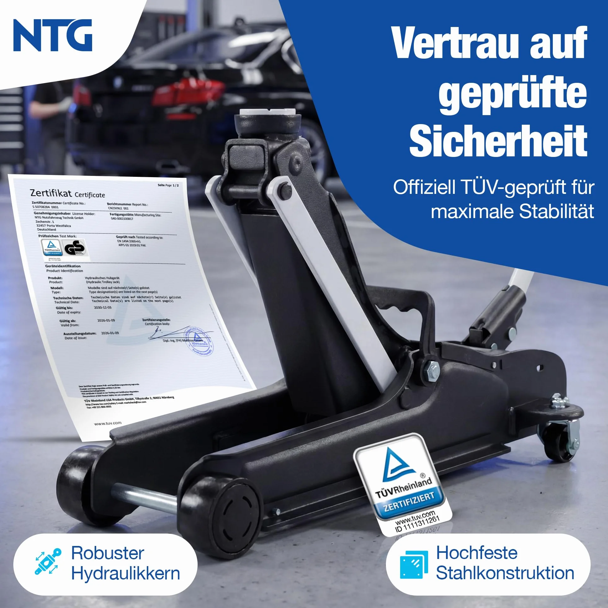 Gato hidráulico 2,5T certificado TÜV (85-375 mm altura de elevación) – Gato hidráulico profesional plano para coches bajos, elevador NTG (+ revestimiento de goma con ranura)