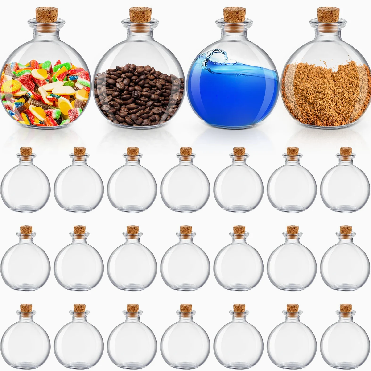 Nuenen 24 botellas esféricas de vidrio con tapón decorativo de corcho para poción, botella redonda transparente para tarros de arena, accesorios de disfraces, manualidades, aceite de agua, 8.5 onzas