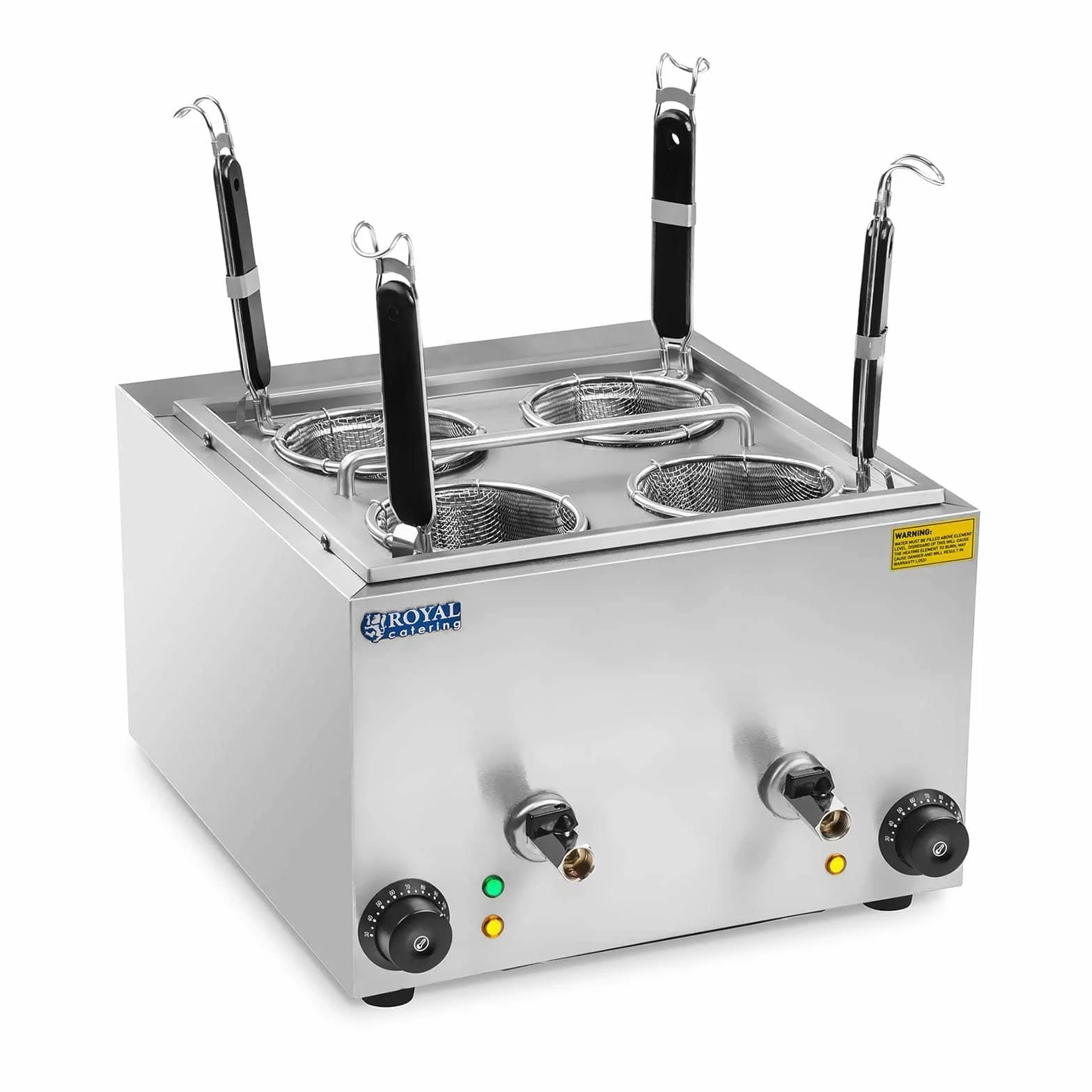 Royal Catering RCNK-4 - Cocedor de pasta eléctrico (4 L, 4 cestas, 2 x 1500 W, 230 V, grifo de drenaje, acero inoxidable)
