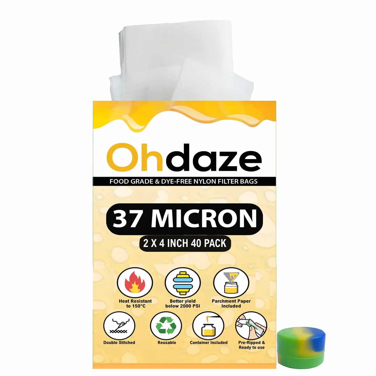 Ohdaze Rosin Micron Press Bags 37 Micron 40 Pack 2 x 4" Filter Press Bags