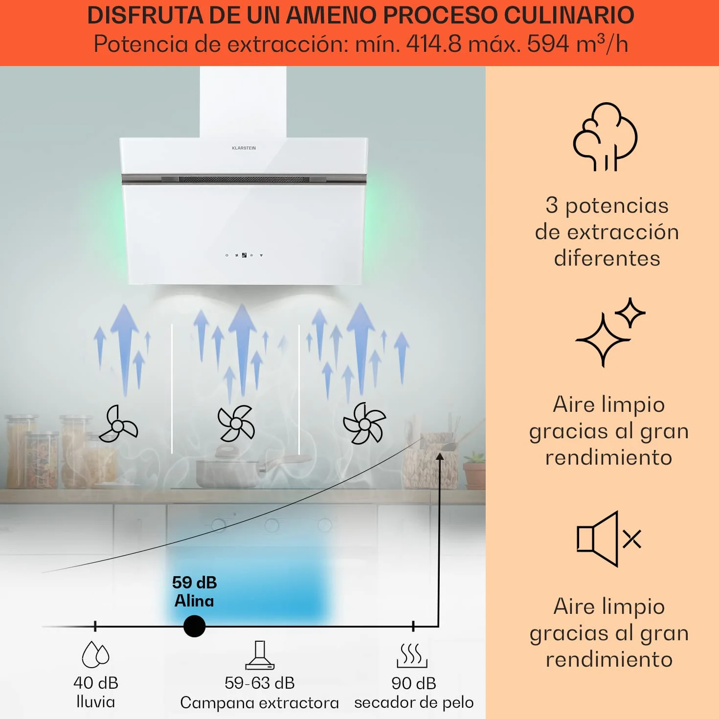 Klarstein Campana Extractora Decorativa 60 cm Luces LED, Flujo Aire 594m³/h, Control de Panel Táctil, Extractores de cocina con Anti Grasa, Eficiencia Clase A