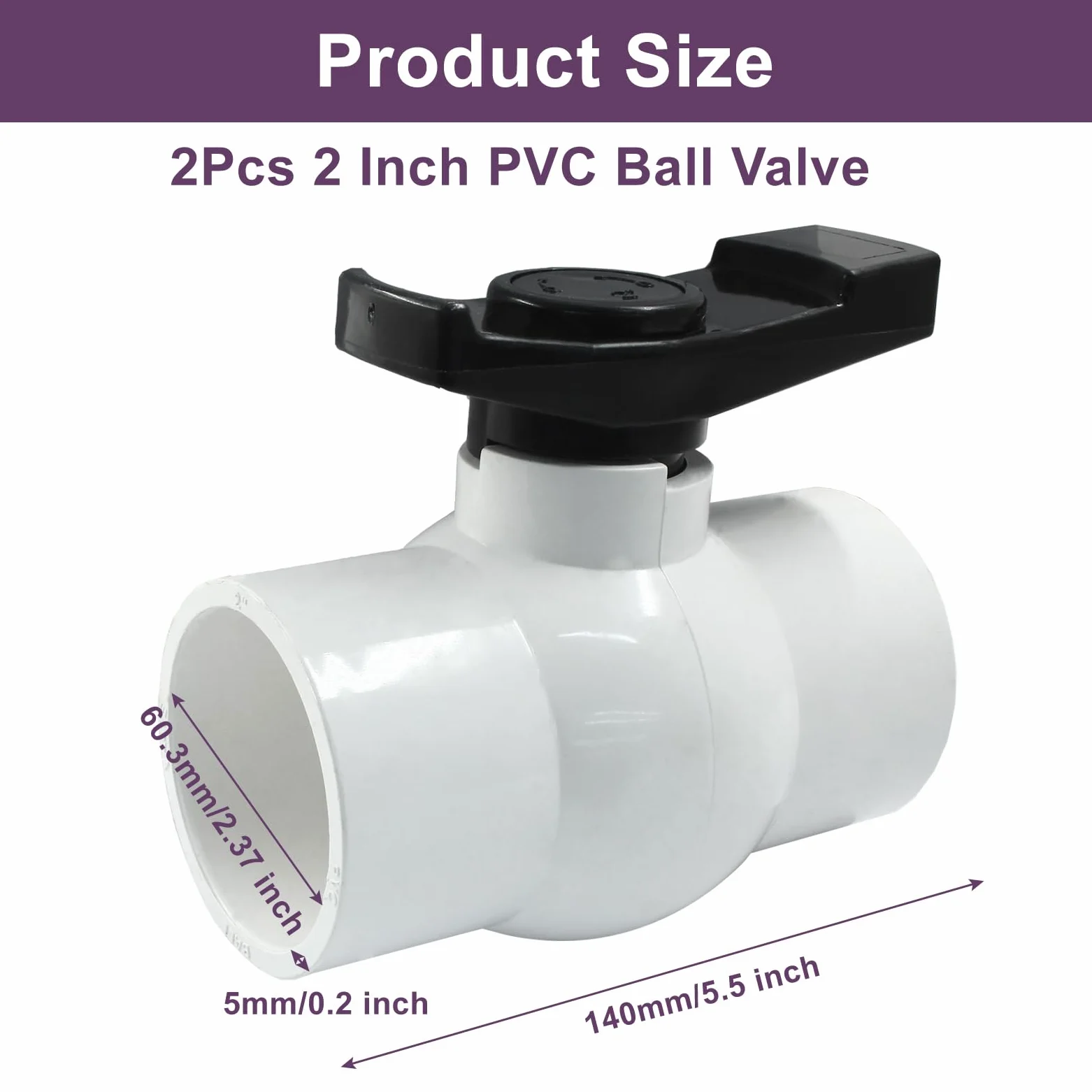 Válvula de bola de PVC de 2 pulgadas, 2 válvulas de cierre con deslizamiento fácil de girar, válvula de bola de PVC con mango ágil en "T", adecuada para uso comercial, piscina, sistema de