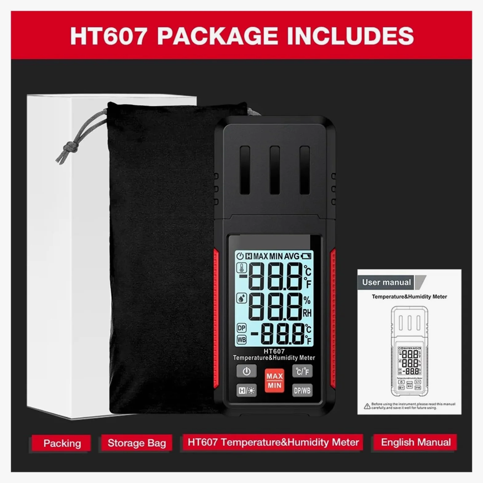 Medidor digital de temperatura y humedad HT607: termohigrómetro preciso for uso en laboratorio y granja