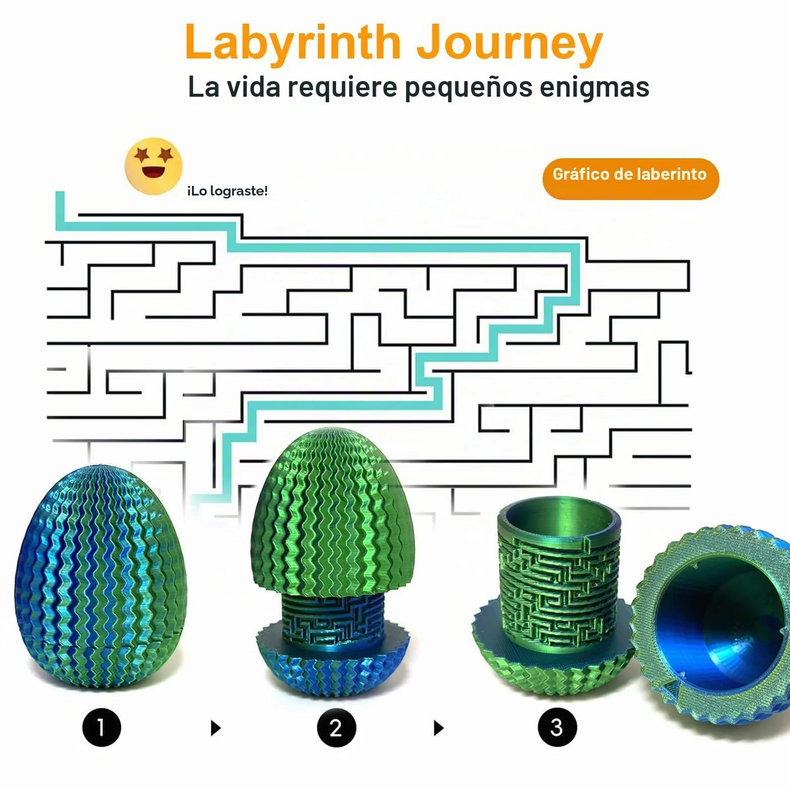 Caja Misteriosa Enigma Laberinto Ovalado Impresa 3D Azul-Verde Compartimento Secreto Cilindro Código Entrenamiento Concentración