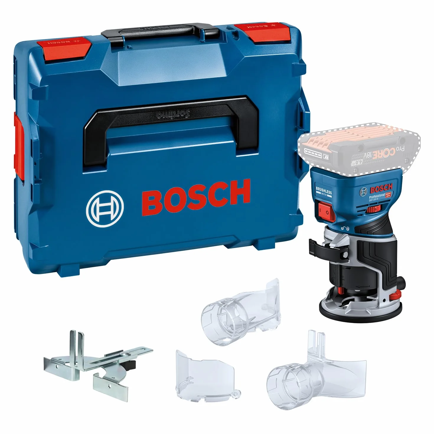 Bosch Professional 18V System fresadora corte batería GFK 18V-8 (incl. guía paralela, 2 adaptadores aspirador fresado, protección virutas, pinza sujeción 8 mm, llave, L-BOXX, sin batería/cargador)