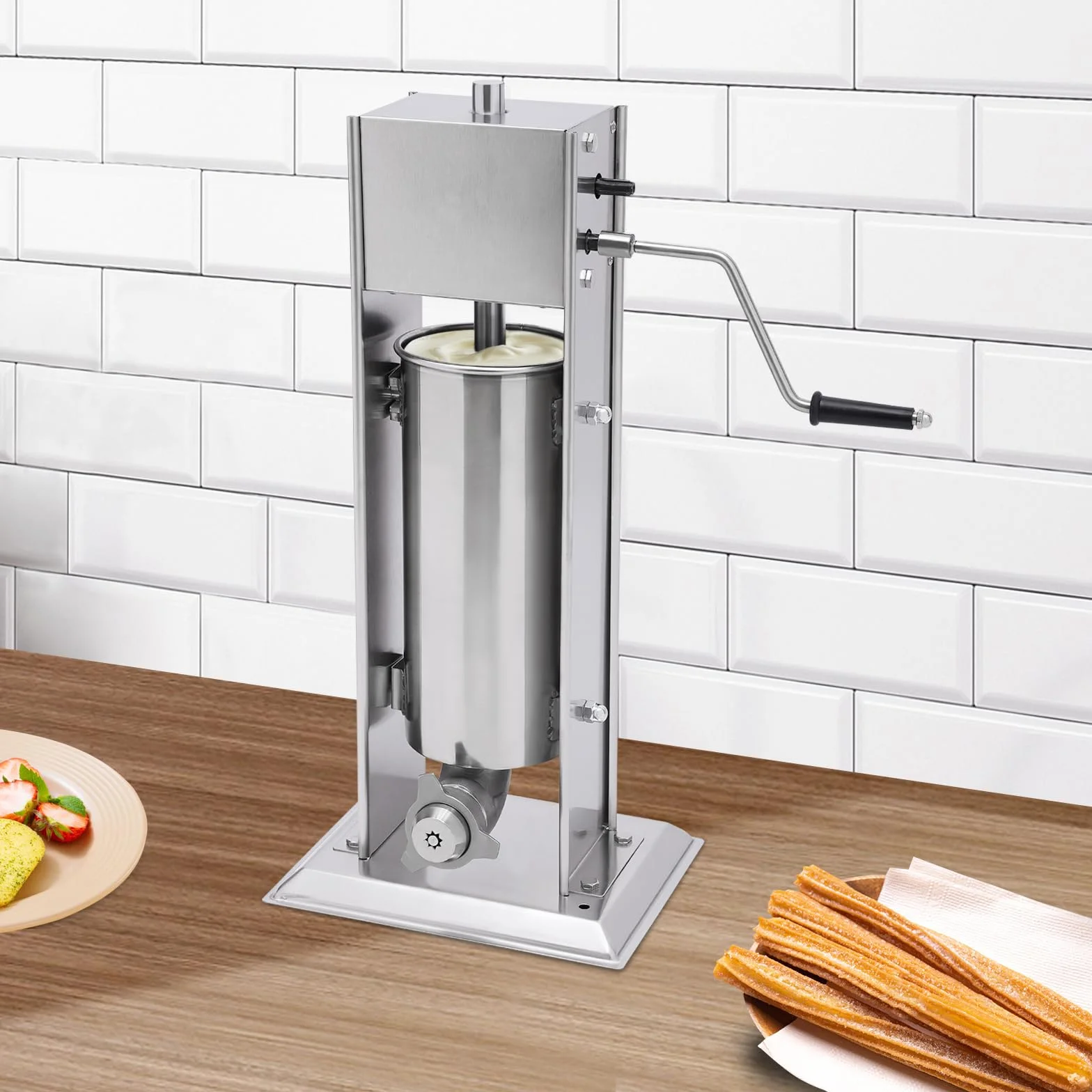Máquina de churros manual profesional de 5 litros multifuncional para aperitivos, máquina de churros de acero inoxidable comercial con 4 boquillas (3 formas diferentes), para uso comercial o privado